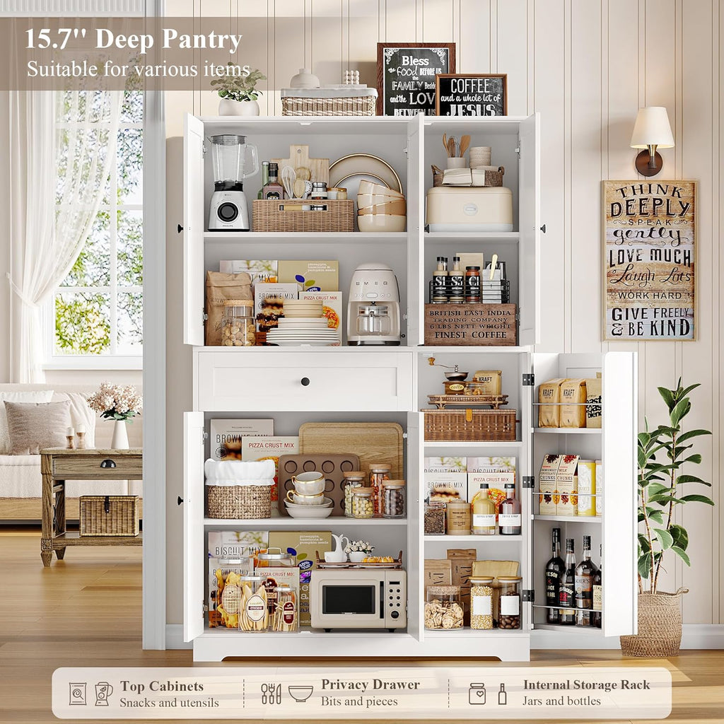 HOSTACK 68' Tall Kitchen Pantry Storage Cabinet, Modern Kitchen Hutch Cabinet with Doors and Shelves, Freestanding Food Pantry with Large Storage Drawer for Dining Room, Living Room, White