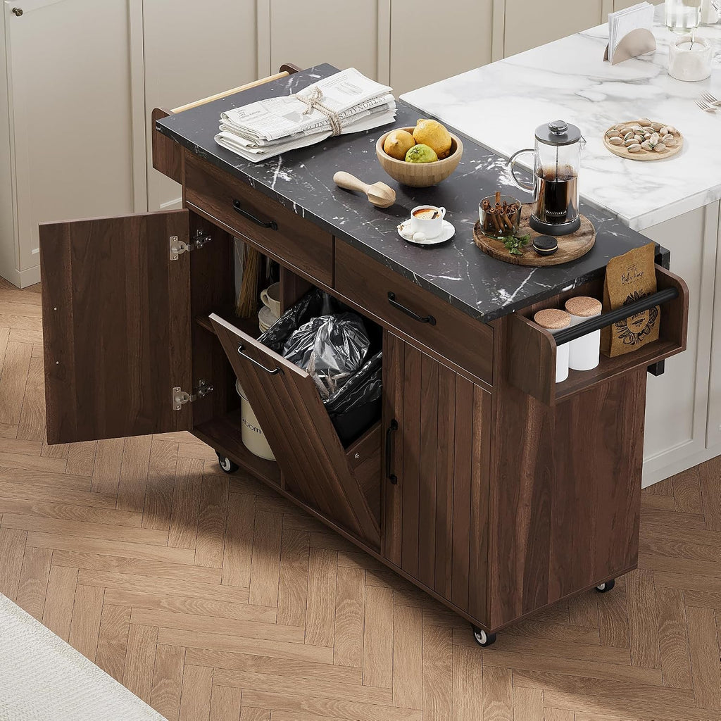 Farmhouse Kitchen Island with Trash Can Storage Cabinet, Kitchen Cart with Drop Leaf, Spice Rack, Towel Rack and Drawer, Rolling Kitchen Island on Wheels with Adjustable Shelf (Walnut Brown1)
