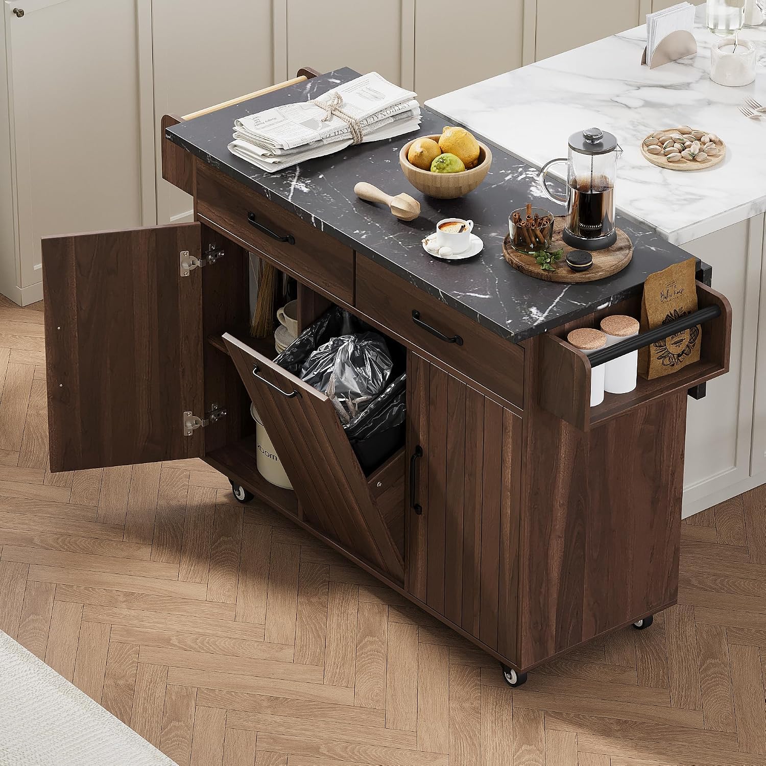 Farmhouse Kitchen Island with Trash Can Storage Cabinet, Kitchen Cart with Drop Leaf, Spice Rack, Towel Rack and Drawer, Rolling Kitchen Island on Wheels with Adjustable Shelf (Walnut Brown1)
