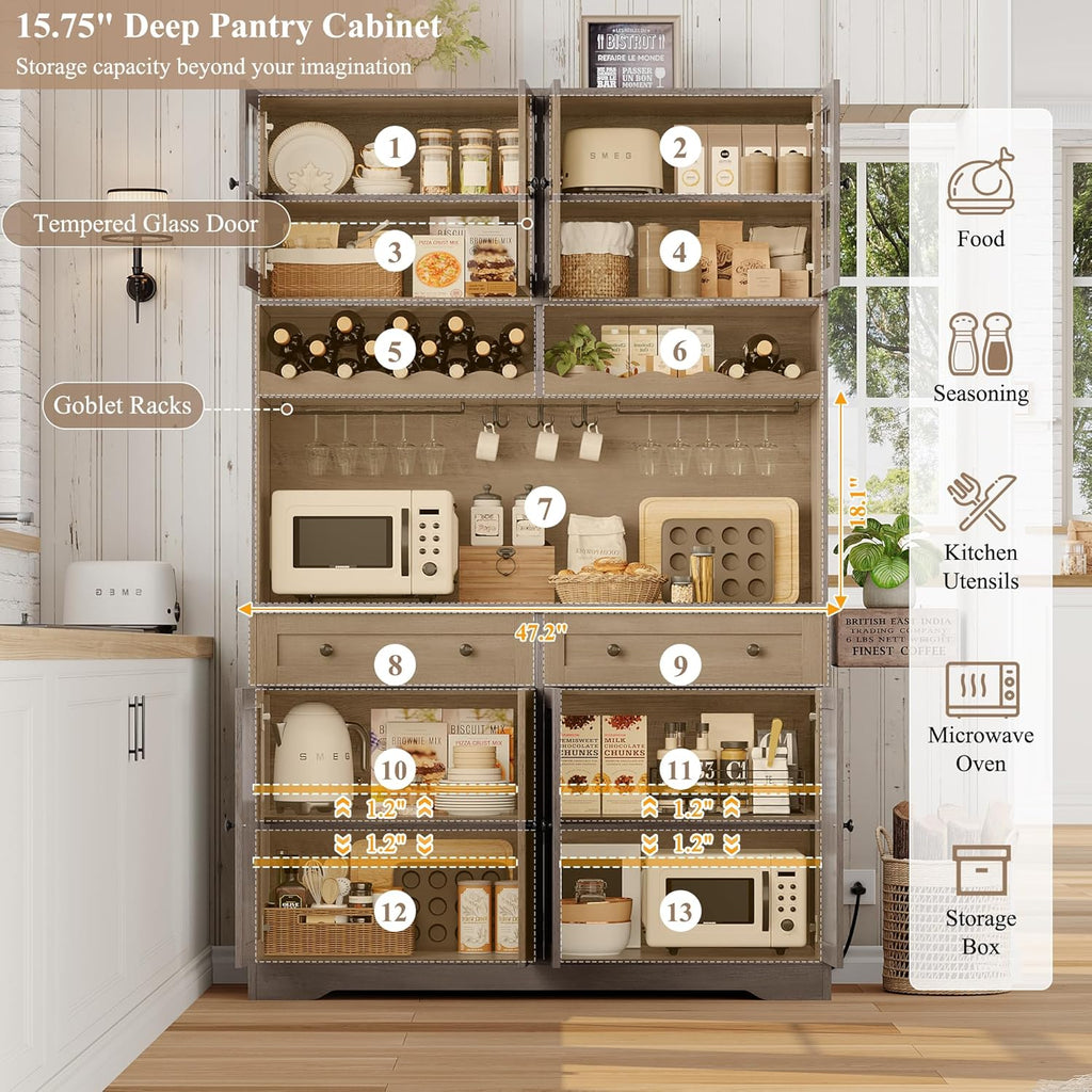 HOSTACK 75.4' Tall Kitchen Pantry Cabinet with Charging Station, Modern White Kitchen Hutch with Microwave Stand and Wine Rack, Large Food Pantry Storage Cabinet with Glass Doors and Drawers, Ash Gray