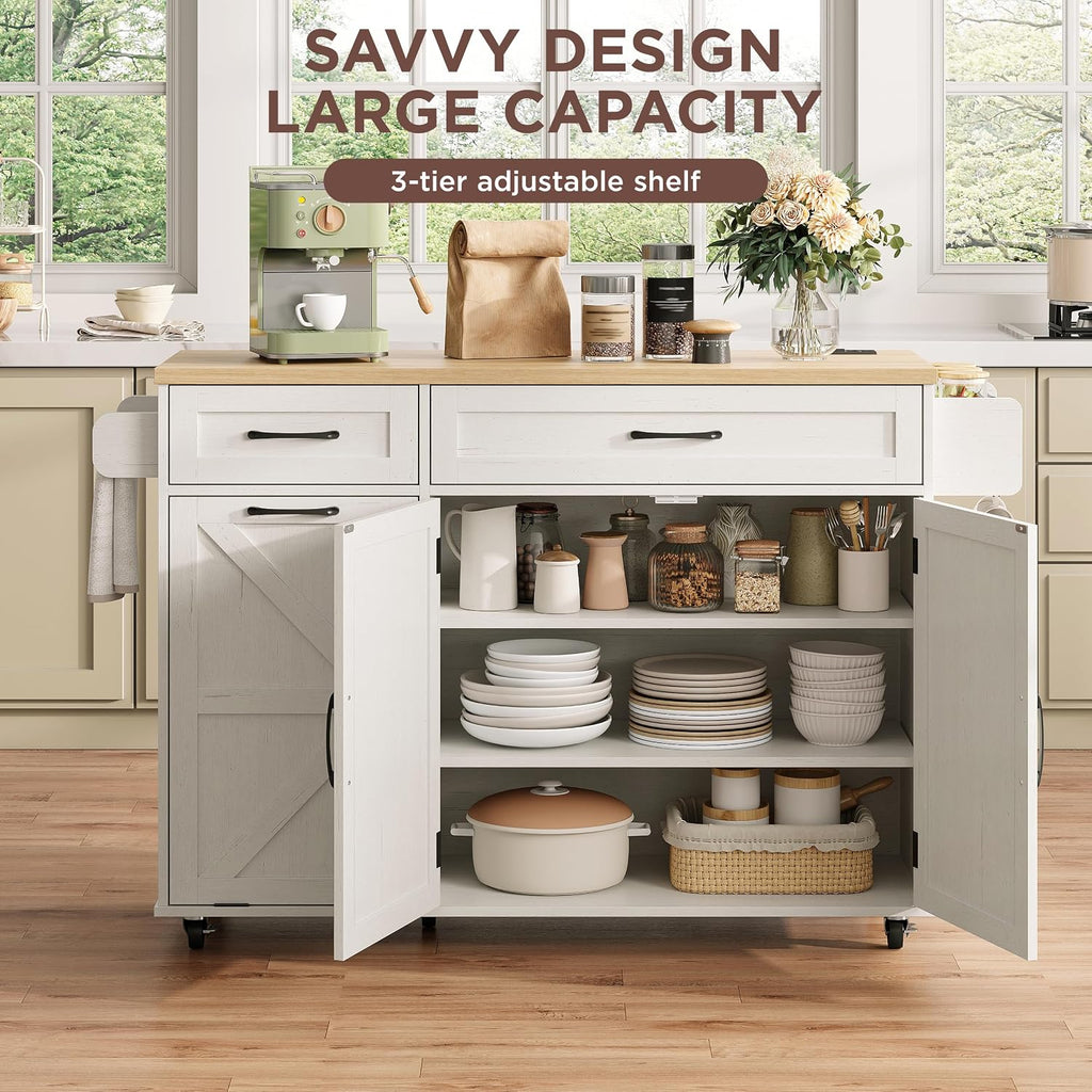 Halitaa Kitchen Island with Tilt Out Trash Can Cabinet and Power Outlet, Kitchen Rolling Island with Spice Rack, Towel Rack and 2 Drawers, Kitchen Island Cart, White