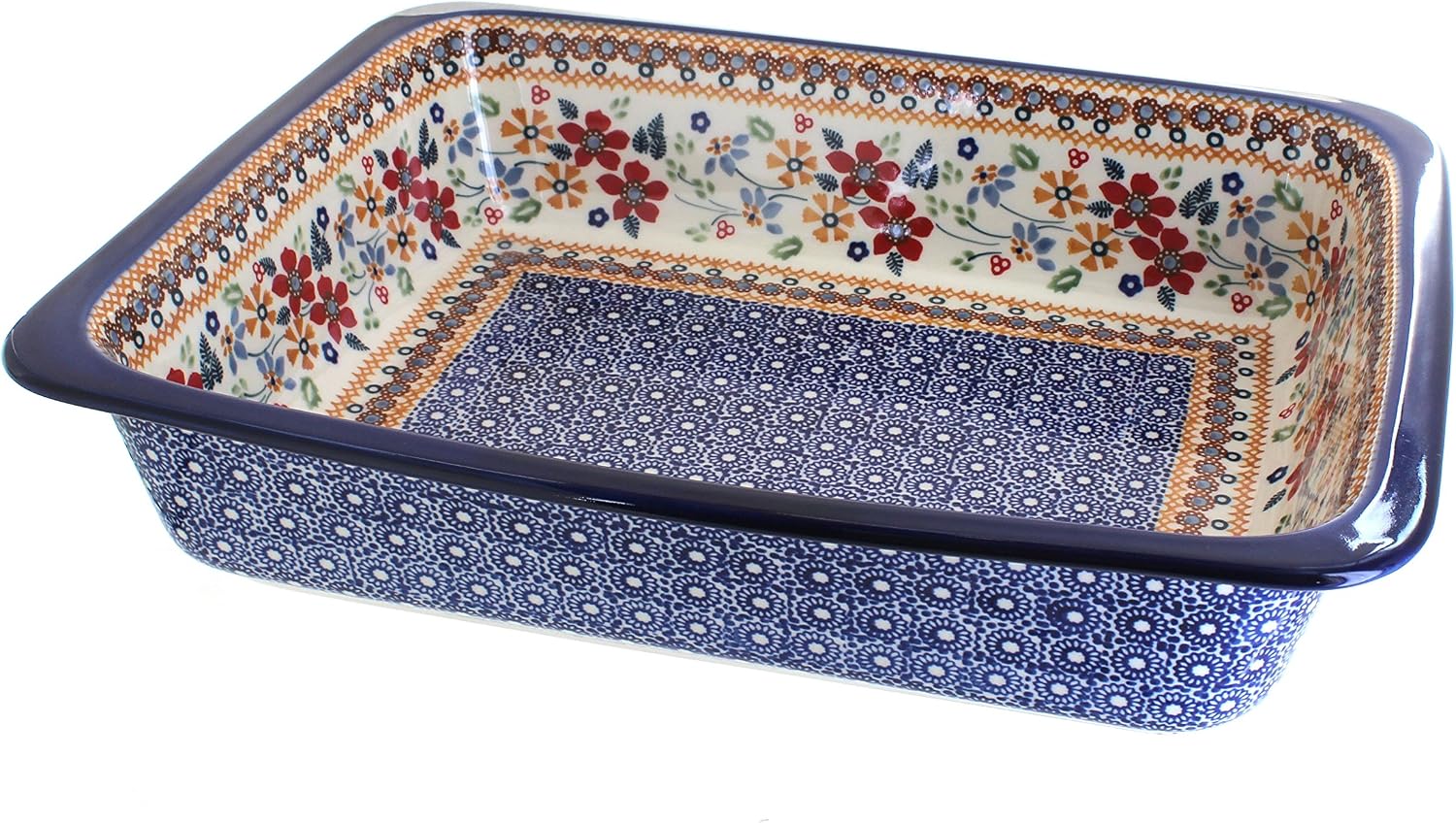 Blue Rose Polish Pottery - Red Daisy Large Rectangular Baker - 14' x 11.25' - Unique, Dishwasher Safe, & Durable Bakeware
