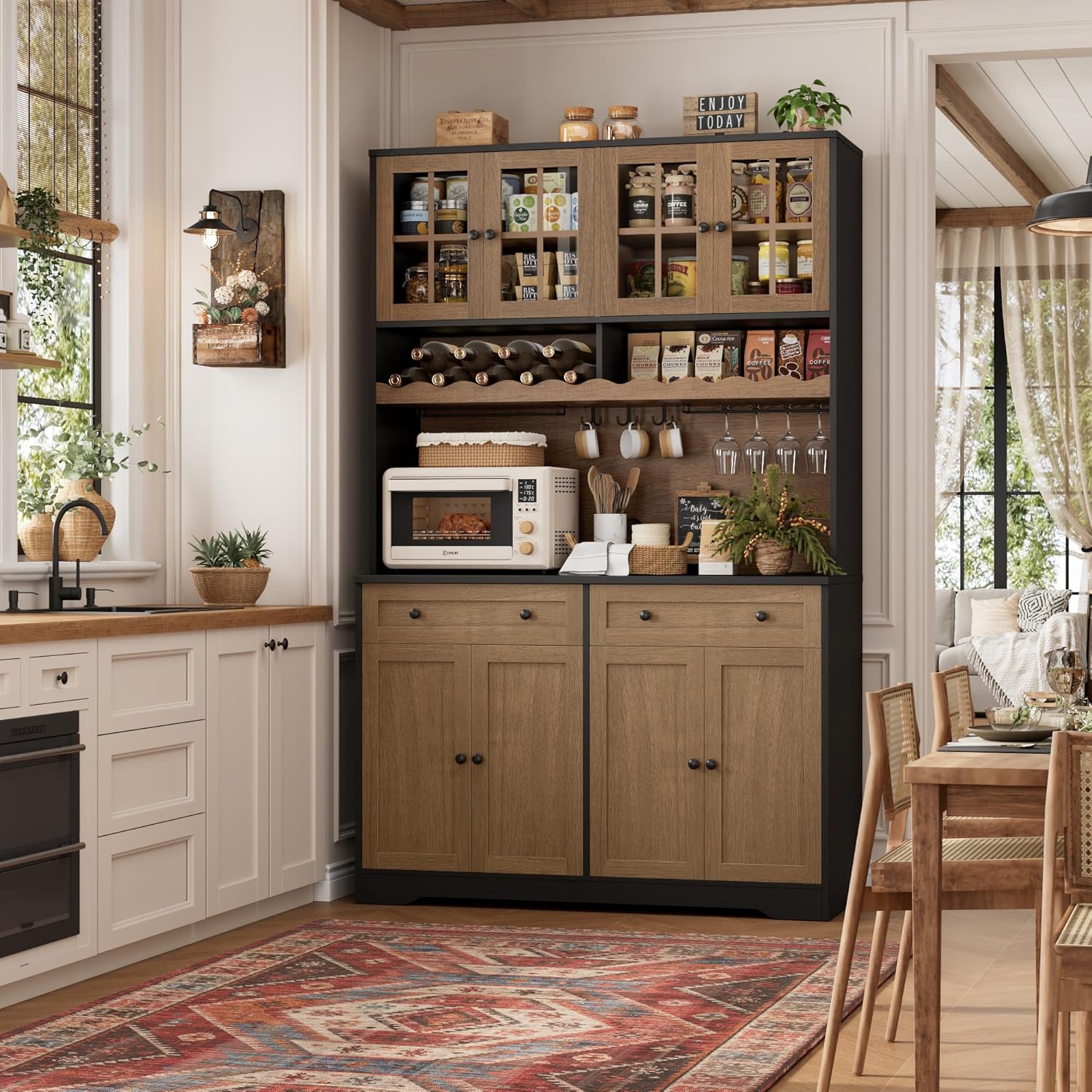 HOSTACK 75.4' Tall Kitchen Pantry Cabinet with Charging Station, Modern White Kitchen Hutch with Microwave Stand and Wine Rack, Large Food Pantry Storage Cabinet with Glass Doors and Drawers, Brown