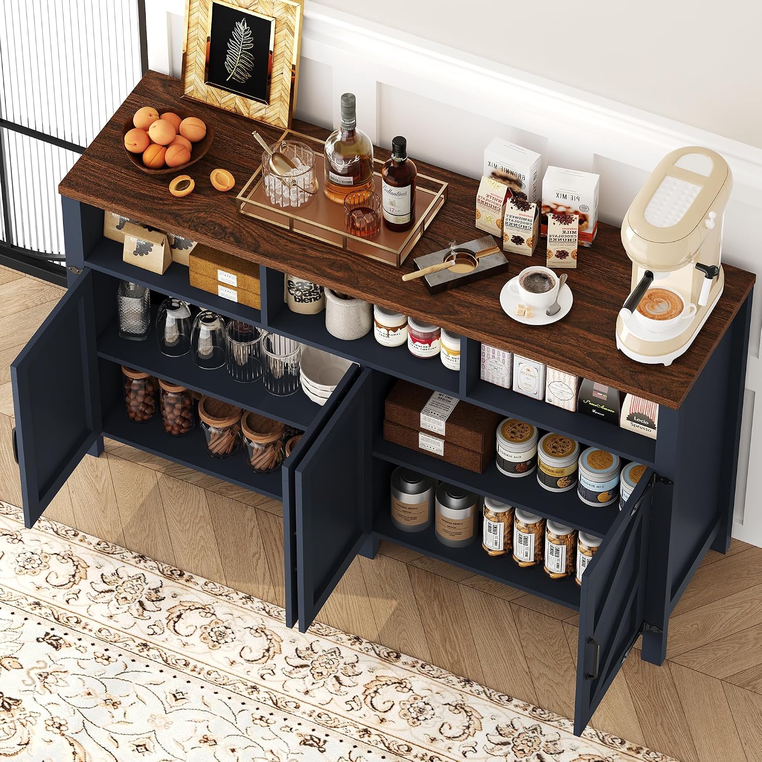 knoworld Buffet Sideboard with Storage Farmhouse with 4 Doors, 55'' Large Kitchen Storage Cabinet Wood Coffee Bar Buffet Table for Kitchen, Dining Room (Blue, 55 in)