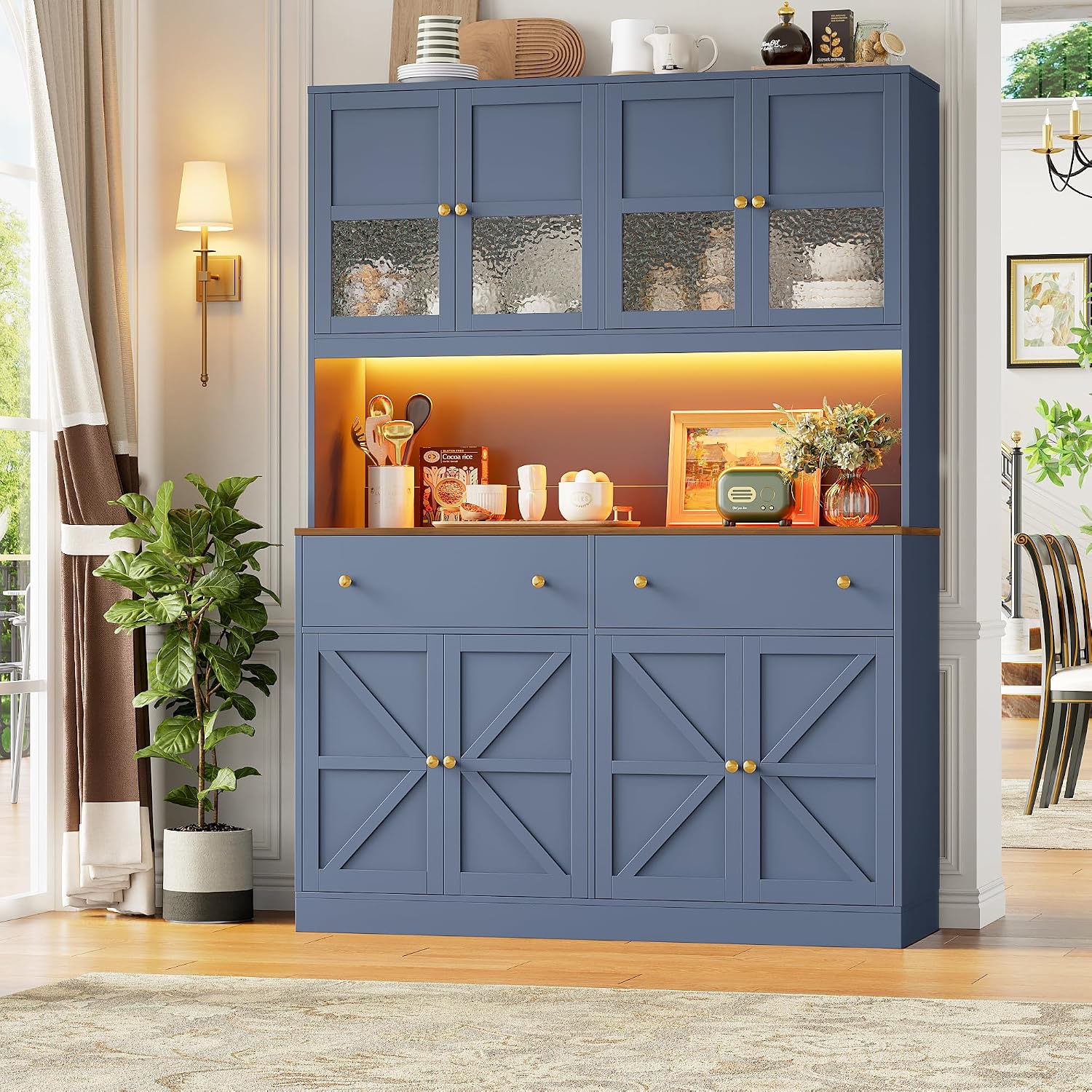 FINETONES 71' Pantry Cabinet with LED Light and Charging Station, Farmhouse Kitchen Pantry Cabinet with Microwave Stand, 47.2' Wide Kitchen Hutch Food Pantry with Open Countertop, Blue