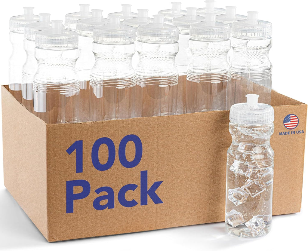 ZETY Bulk Water Bottles 100 Pack - 24 Ounce Reusable bottles Bulk - BPA-Free Easy Open Spin off Cap - Top-Rack - Dishwasher Safe - Sports Bottles (Clear)