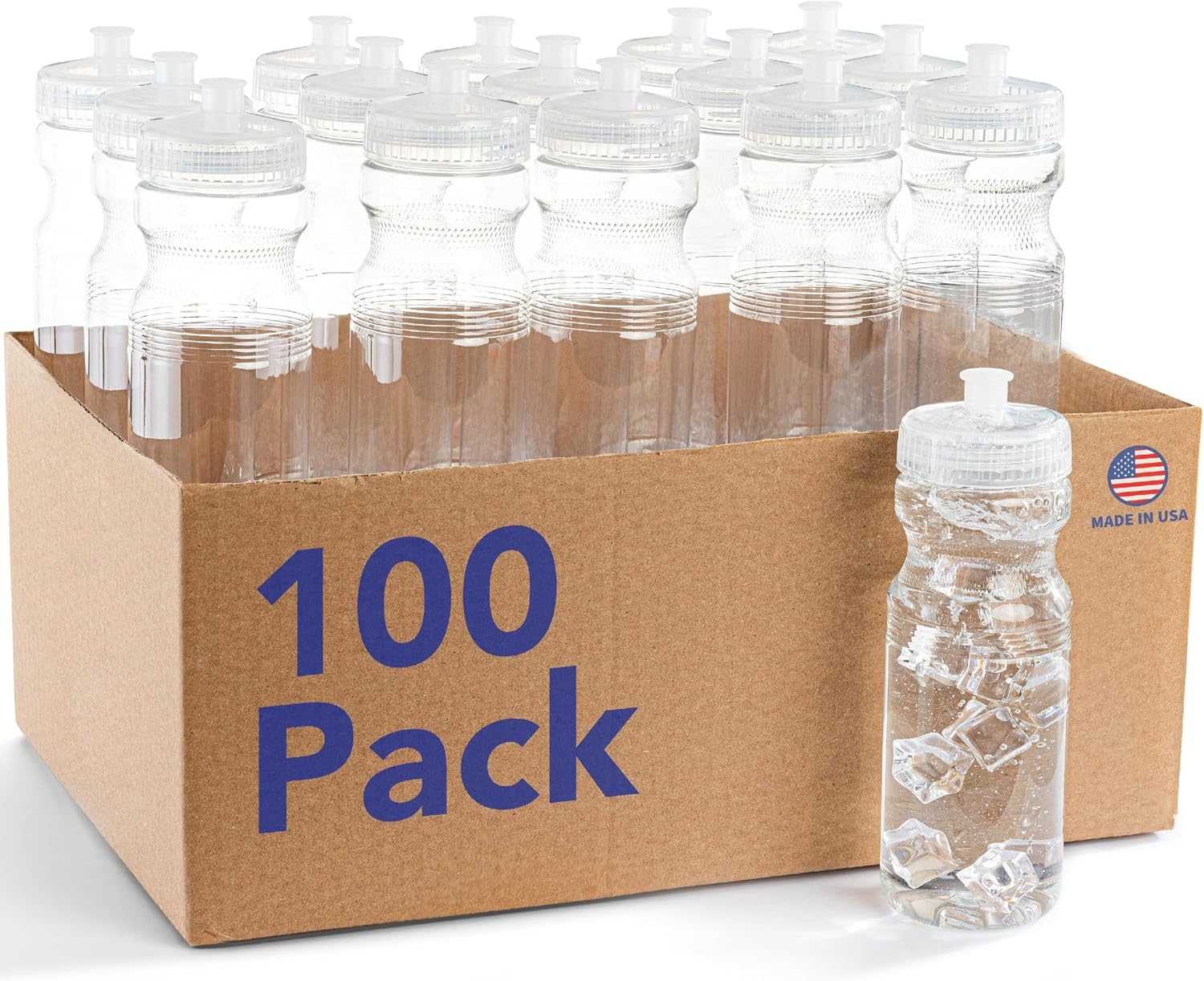 ZETY Bulk Water Bottles 100 Pack - 24 Ounce Reusable bottles Bulk - BPA-Free Easy Open Spin off Cap - Top-Rack - Dishwasher Safe - Sports Bottles (Clear)