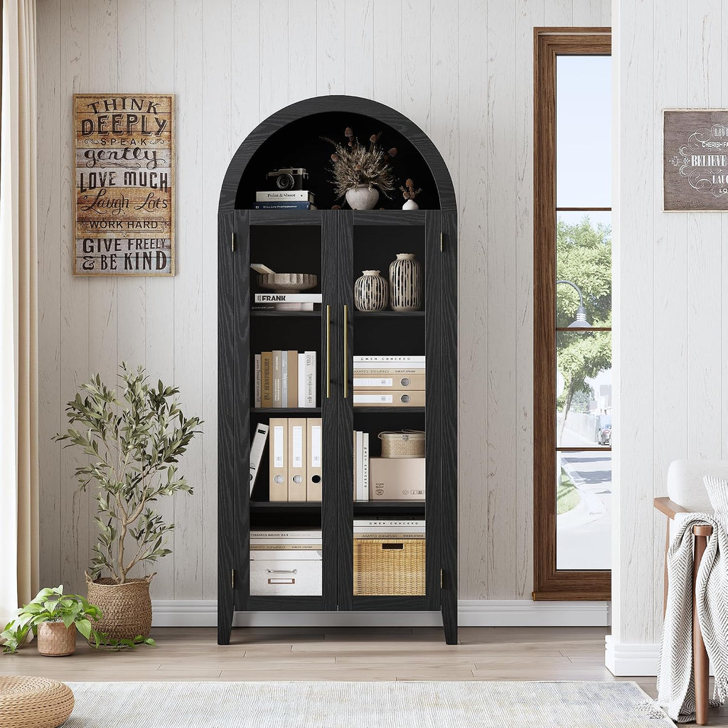 GarveeHome Arched Kitchen Pantry Cabinet - Farmhouse 5 Tier Display Shelf with Adjustable Shelf and 2 Large Glass Doors, Versatile Storage Cupboard for Kitchen, Dining Room, Living Room, Black