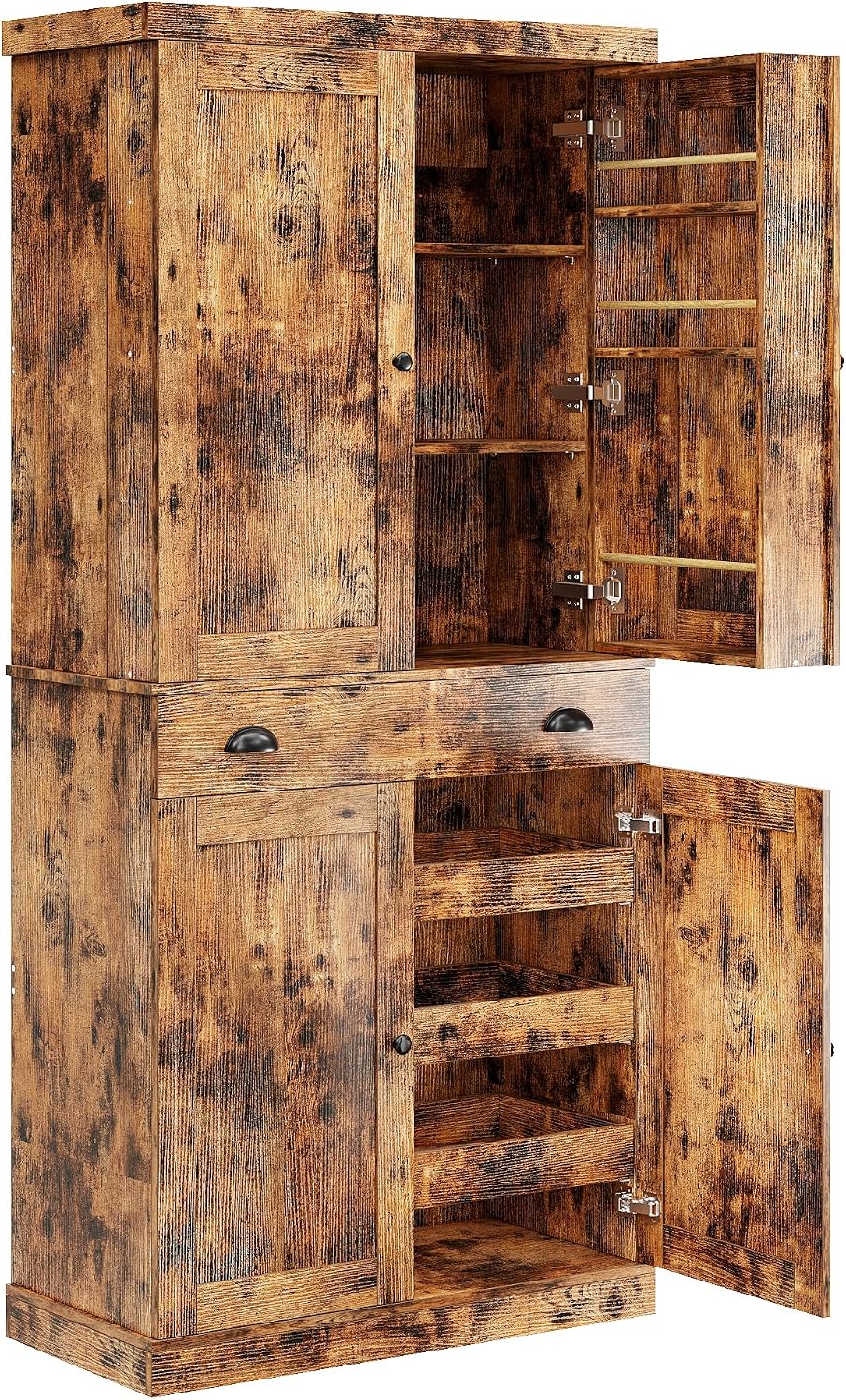 IRONCK Kitchen Pantry Cabinet 72' Height, Freestanding Cupboard with Drawer, Sliding Storage Rack, and 6 Hanging Shelves for Dining Room, Laundry, Living Room, Vintage Brown