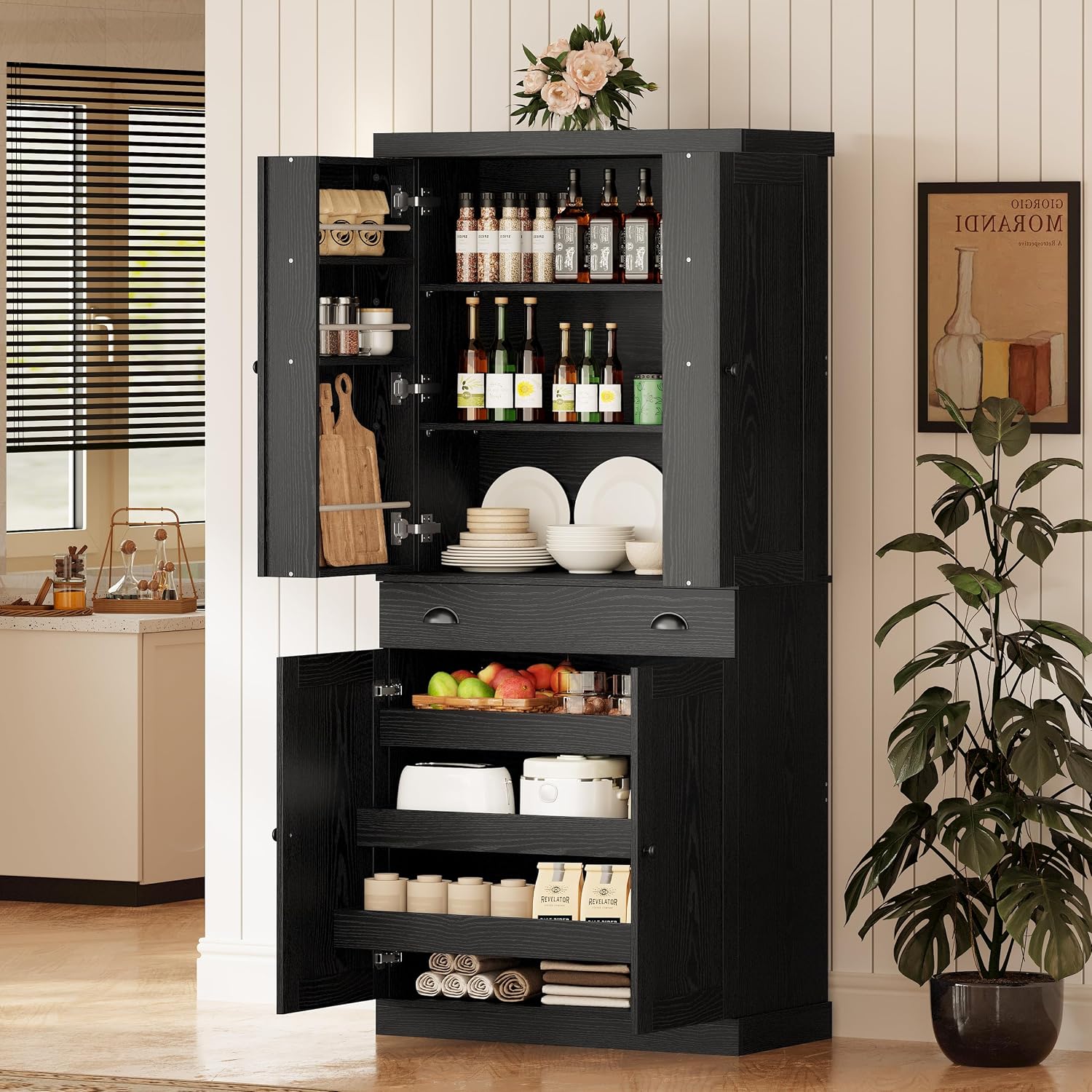 IRONCK Kitchen Pantry Cabinet 72' Height, Freestanding Cupboard with Drawer, Sliding Storage Rack, and 6 Hanging Shelves for Dining Room, Laundry, Living Room, Black