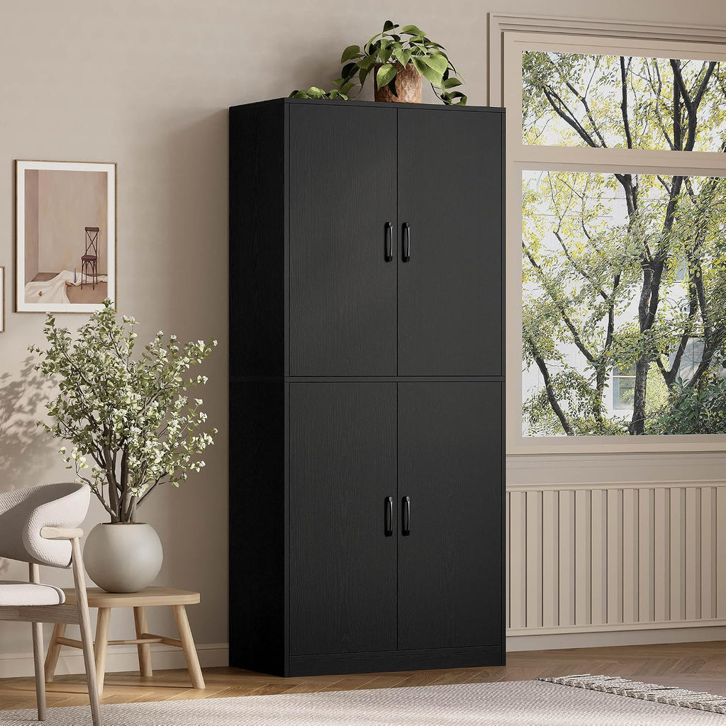 IRONCK 71' Kitchen Pantry Storage Cabinet with Storage Rack, Pegboard Doors, 4 Adjustable Shelves, Food Pantry Cabinet, Freestanding Tall Cupboard for Dining Room, Kitchen, Black