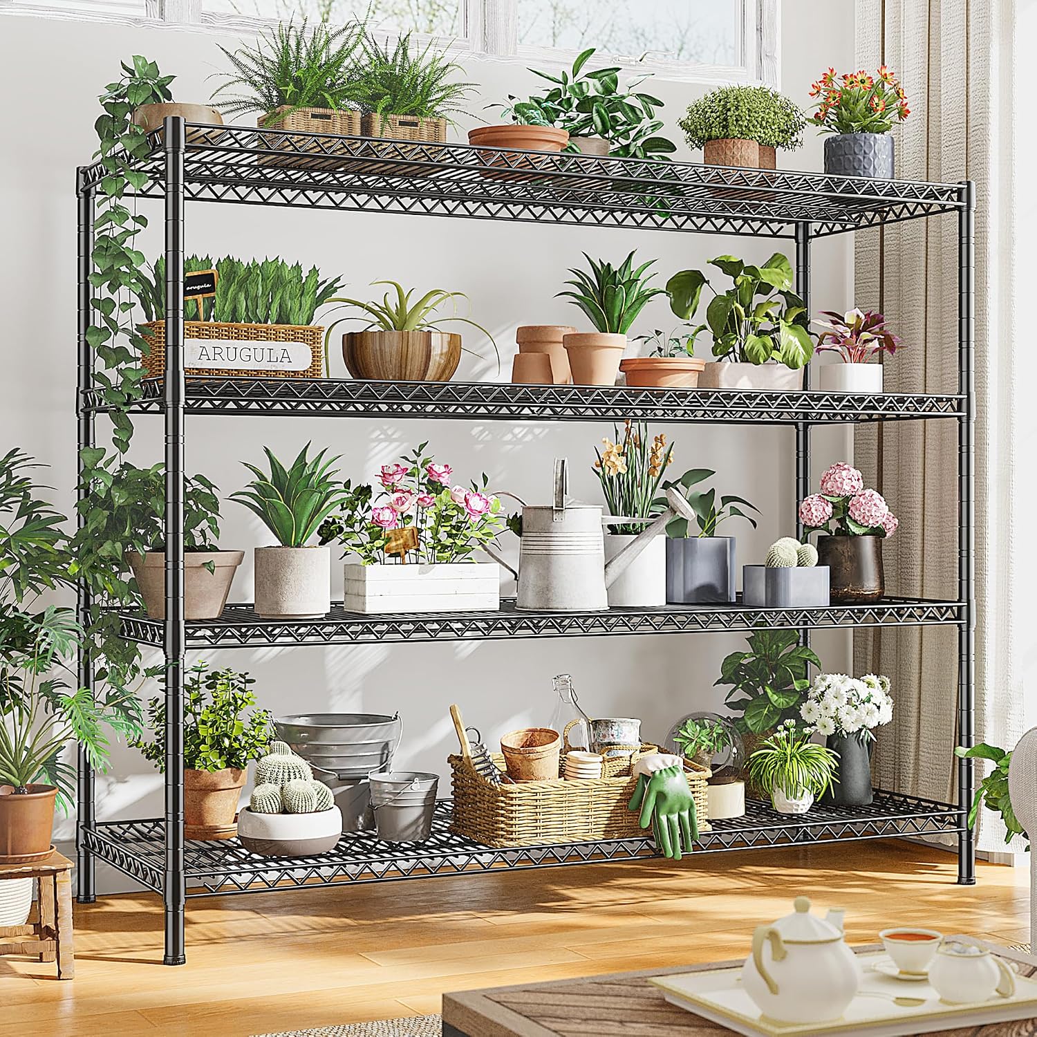 REIBII 55.5' W Storage Shelves 2560LBS Metal Shelving 4 Tier Wire Shelving Unit Garage Shelving Heavy Duty Metal Shelves for Storage Rack Commercial Adjustable Pantry Shelf, 55.5' W X 18''D X 55.5' H