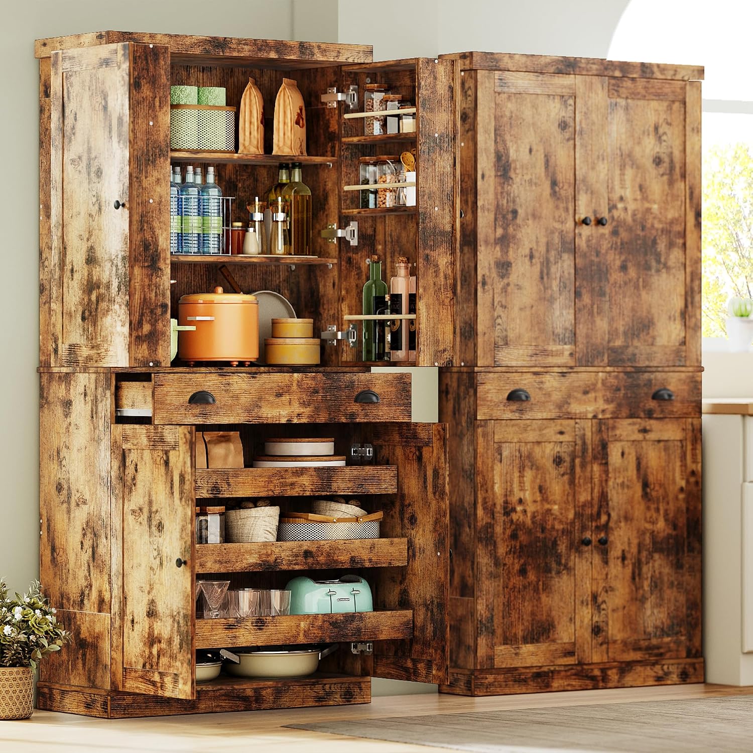 IRONCK Kitchen Pantry Cabinet 72' Height, Freestanding Cupboard with Drawer, Sliding Storage Rack, and 6 Hanging Shelves for Dining Room, Laundry, Living Room, Vintage Brown