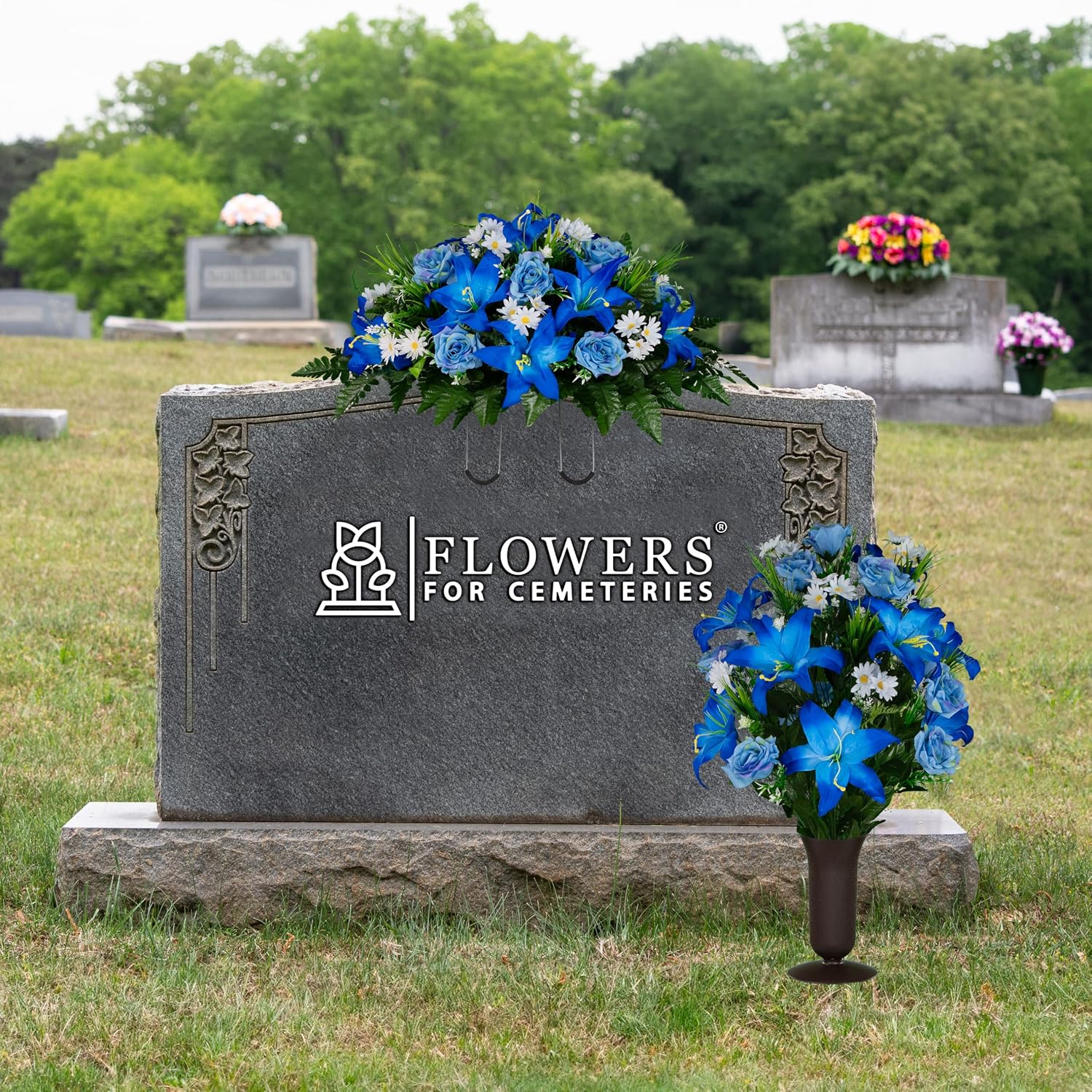 Sympathy Silks Artificial Cemetery Flowers - Gravesite Flowers - Blue Lily and Rose with White Daisies - (1) Headstone Flower Saddle & (1) Matching Bouquet (1) Cemetery Vase Included