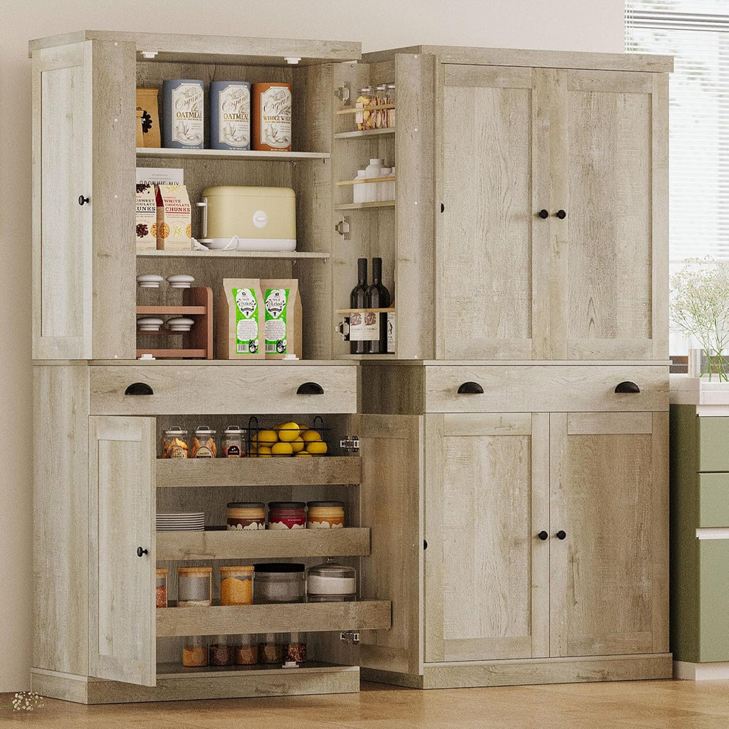 IRONCK Kitchen Pantry Cabinet 72' Height, Freestanding Cupboard with Drawer, Sliding Storage Rack, and 6 Hanging Shelves for Dining Room, Laundry, Rustic Maple