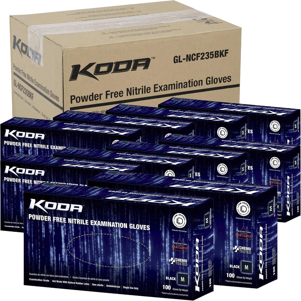 Adenna KODA Nitrile Exam, Sensitive Skin, Powder Free Disposable Gloves, 5.5 Mil, Box of 100, Black Medium, GL-NCF235BKFM