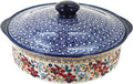 Blue Rose Polish Pottery - Red Daisy Round Baker with Lid - 4 Cup Capacity - Unique, Dishwasher Safe, & Durable Bakeware