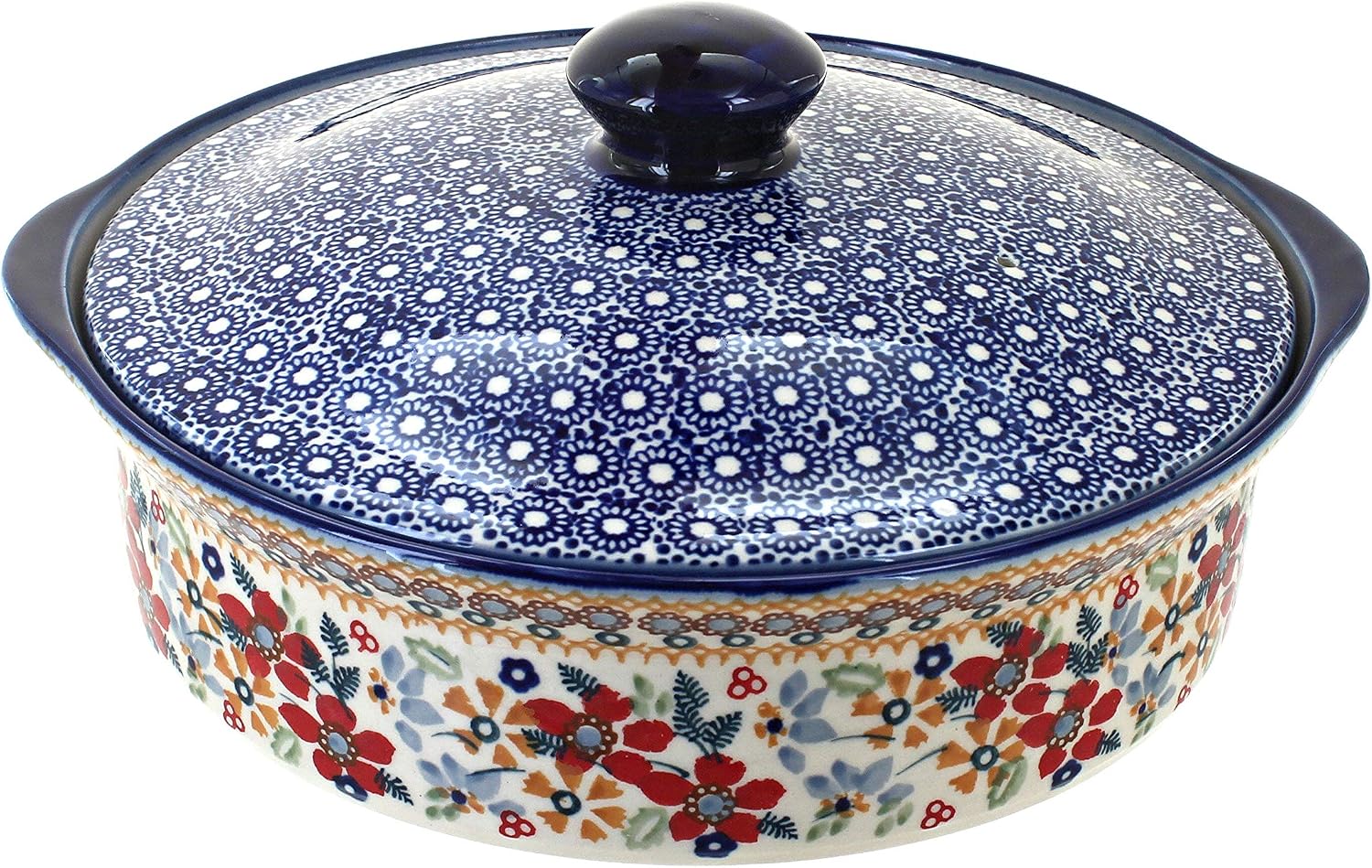 Blue Rose Polish Pottery - Red Daisy Round Baker with Lid - 4 Cup Capacity - Unique, Dishwasher Safe, & Durable Bakeware