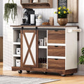 55.5' Farmhouse Kitchen Island with Drop Leaf, Barn Door and Power Outlet, Rolling Kitchen Cart on Wheels with Spice Rack, for Home, Kitchen, Dining Room (White+Brown)