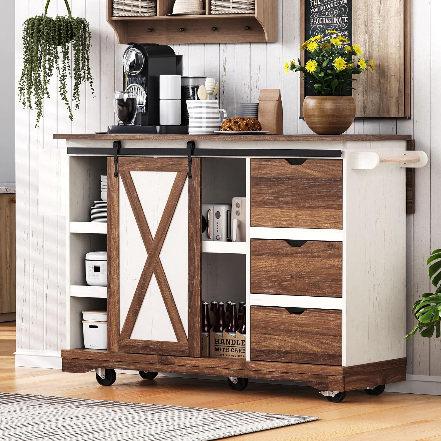 55.5' Farmhouse Kitchen Island with Drop Leaf, Barn Door and Power Outlet, Rolling Kitchen Cart on Wheels with Spice Rack, for Home, Kitchen, Dining Room (White+Brown)