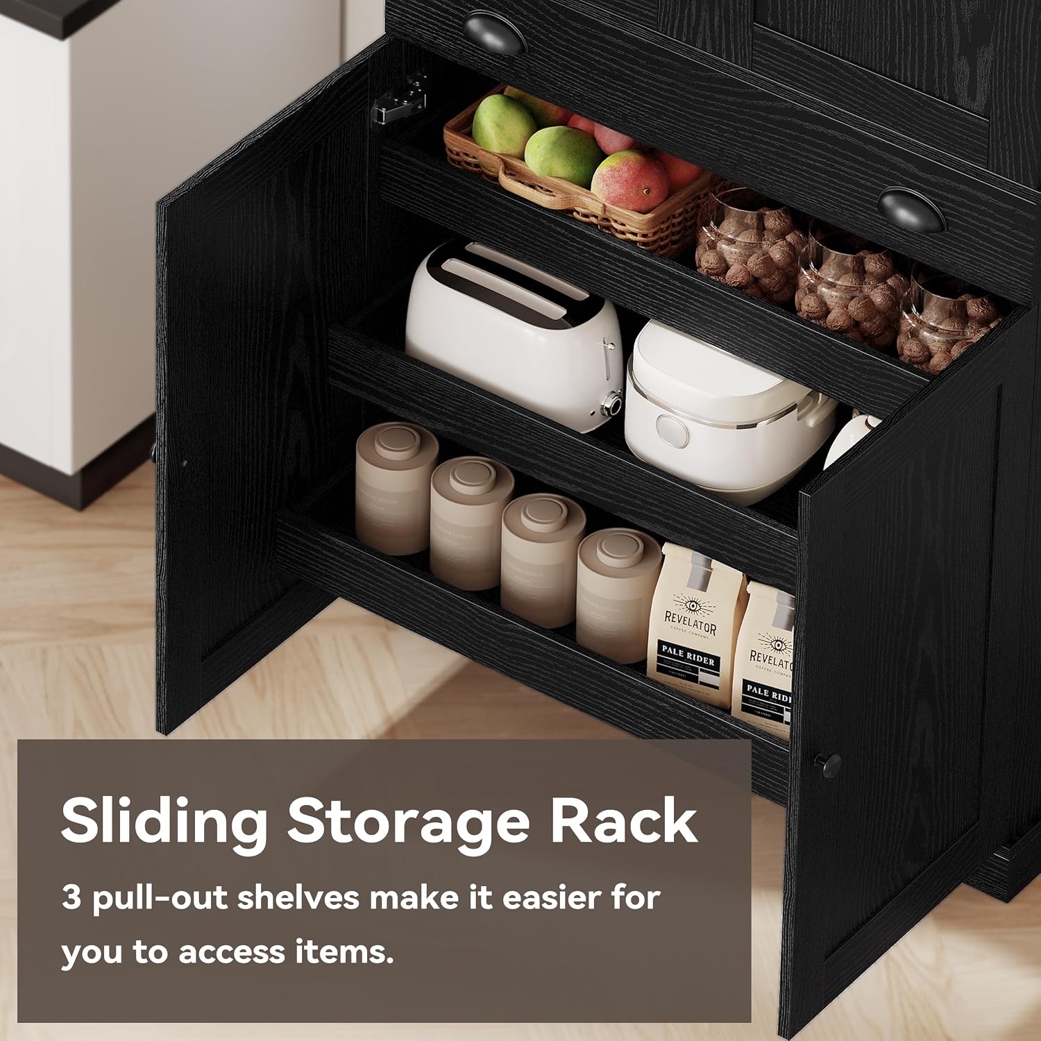 IRONCK Kitchen Pantry Cabinet 72' Height, Freestanding Cupboard with Drawer, Sliding Storage Rack, and 6 Hanging Shelves for Dining Room, Laundry, Living Room, Black