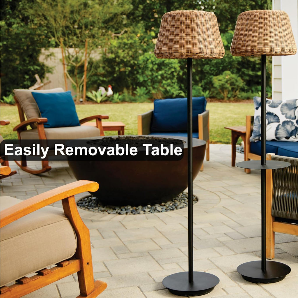 B&R Lighting Solar Outdoor Floor Lamp with Table - Cordless Outdoor Floor Lamp - Patio, Porch, Garden - Rattan Wicker Lights for Outside - Waterproof, Rechargeable, Weatherproof
