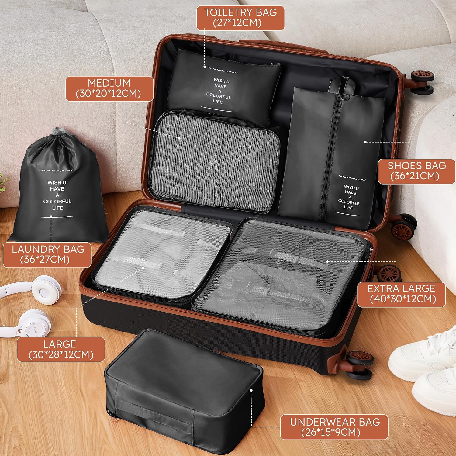 10 Piece Luggage Sets, 3 Piece Suitcase Set, 20 inch Carry on Luggage, 24 inch and 28 inch Checked Luggage with 7PC Packing Bags