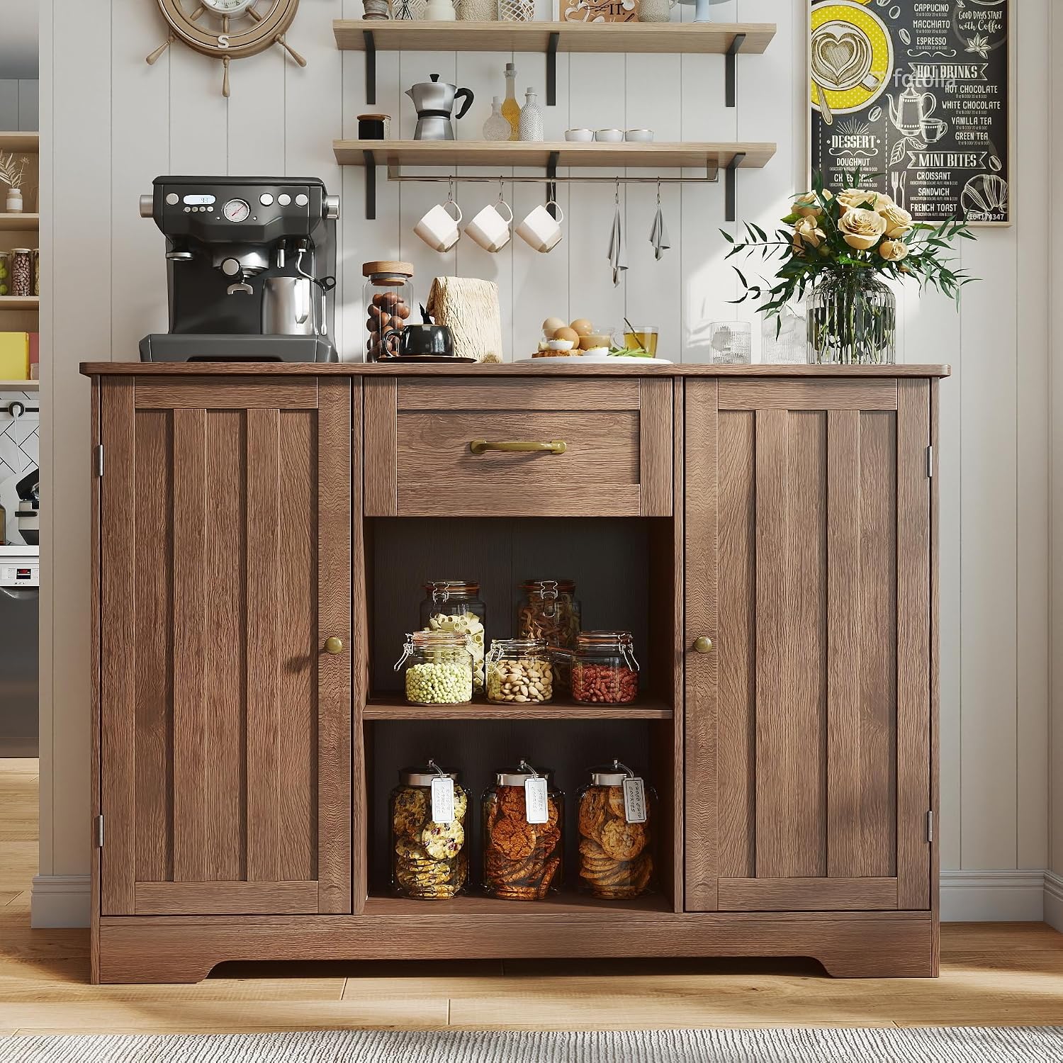 Gizoon 45' Kitchen Sideboard Buffet Cabinet with Storage Coffee Bar Cabinet with Drawer, Kitchen Pantry Storage with Door and Shelves for Bathroom and Living Room, Dark Brown
