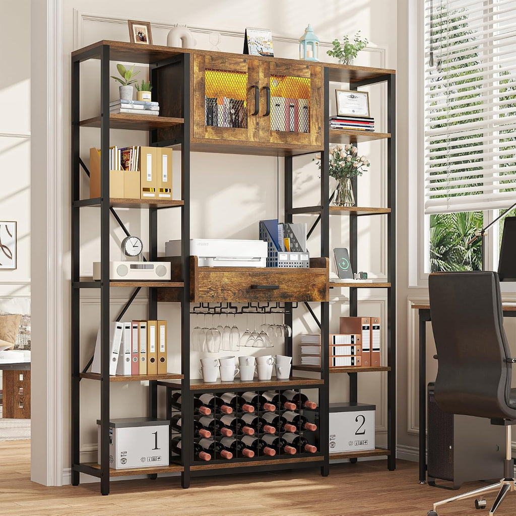 Nosepen 65.35 Inch Large Bakers Rack with Power Outlet and LED Light, 6-Tier Microwave Stand with Doors, Open Countertop and Storage Shelves, Farmhouse Coffee Bar Cabinet Station with Wine Rack, Brown