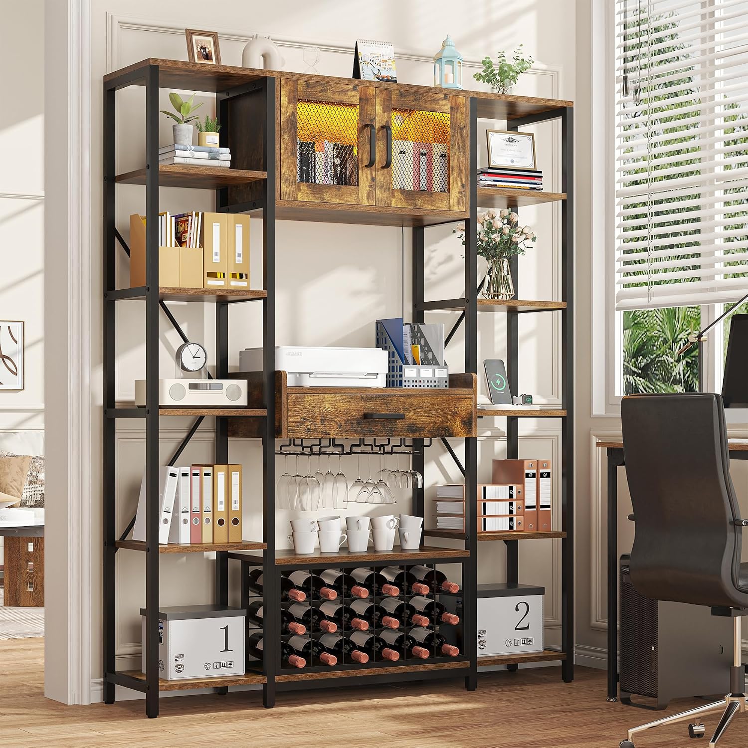 Nosepen 65.35 Inch Large Bakers Rack with Power Outlet and LED Light, 6-Tier Microwave Stand with Doors, Open Countertop and Storage Shelves, Farmhouse Coffee Bar Cabinet Station with Wine Rack, Brown