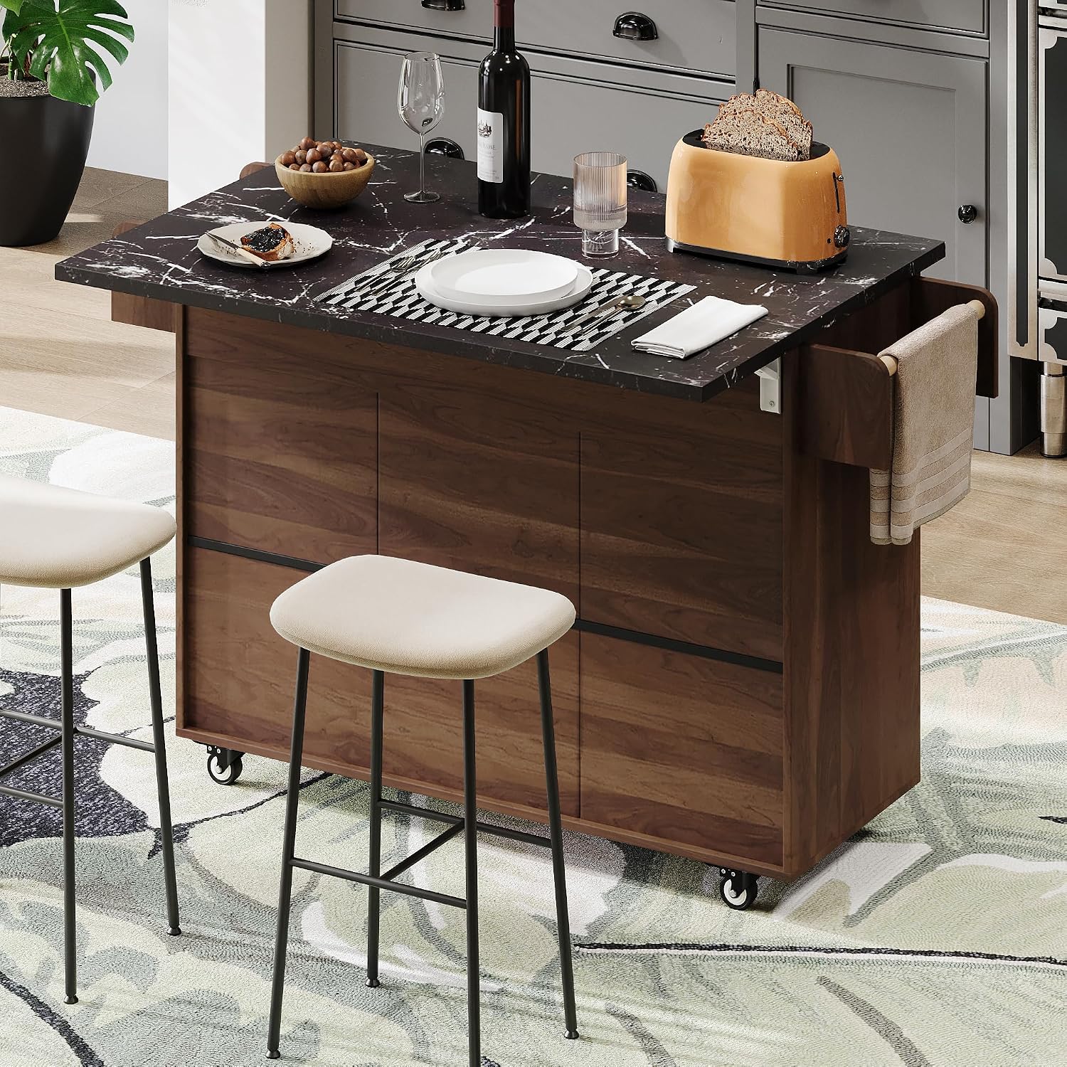Farmhouse Kitchen Island with Trash Can Storage Cabinet, Kitchen Cart with Drop Leaf, Spice Rack, Towel Rack and Drawer, Rolling Kitchen Island on Wheels with Adjustable Shelf (Walnut Brown1)