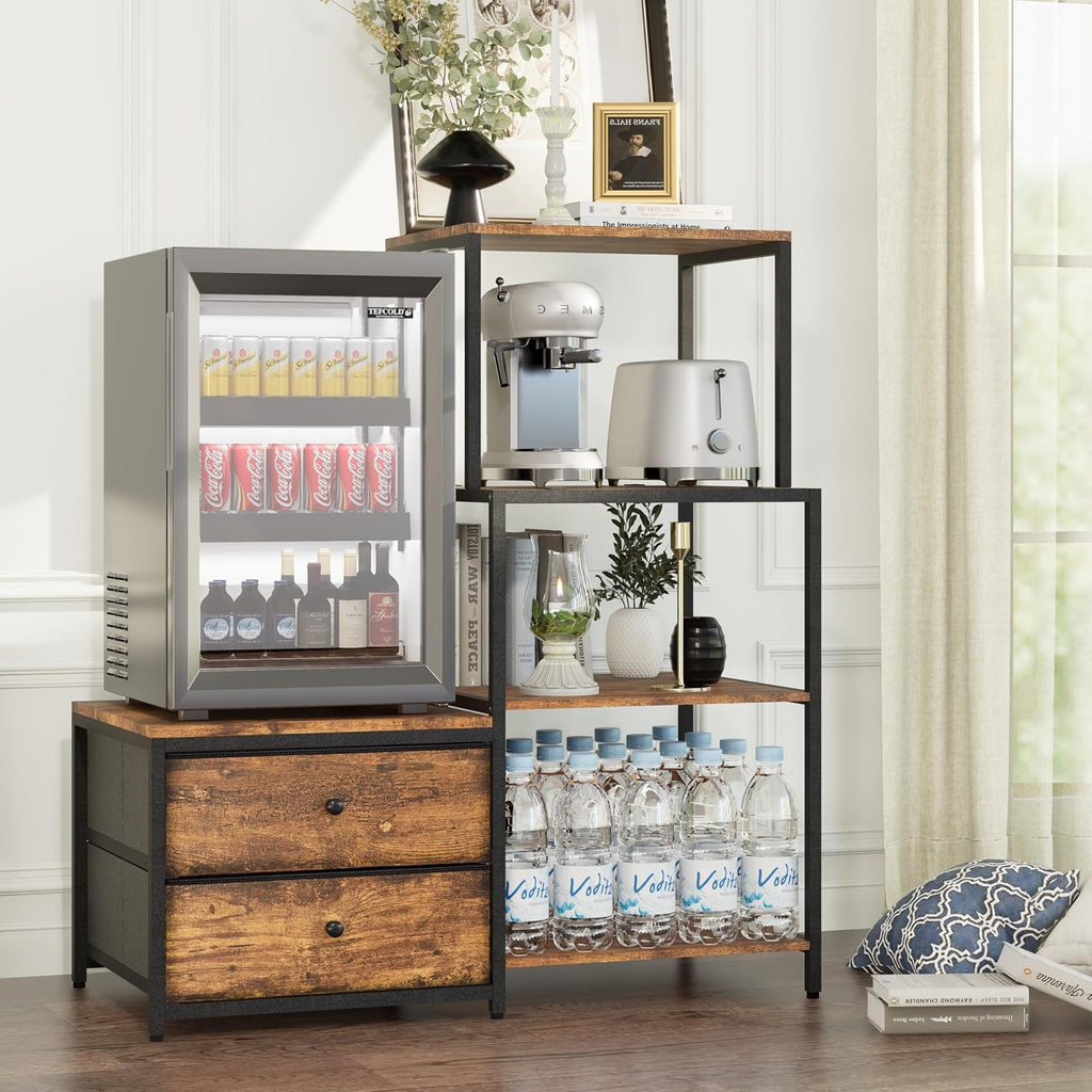 Mini Fridge Stand with Storage, Microwave and Mini Fridge Stand with Power Outlet, Coffee Bar, Kitchen Baker, for Dorm, Office(Brown)