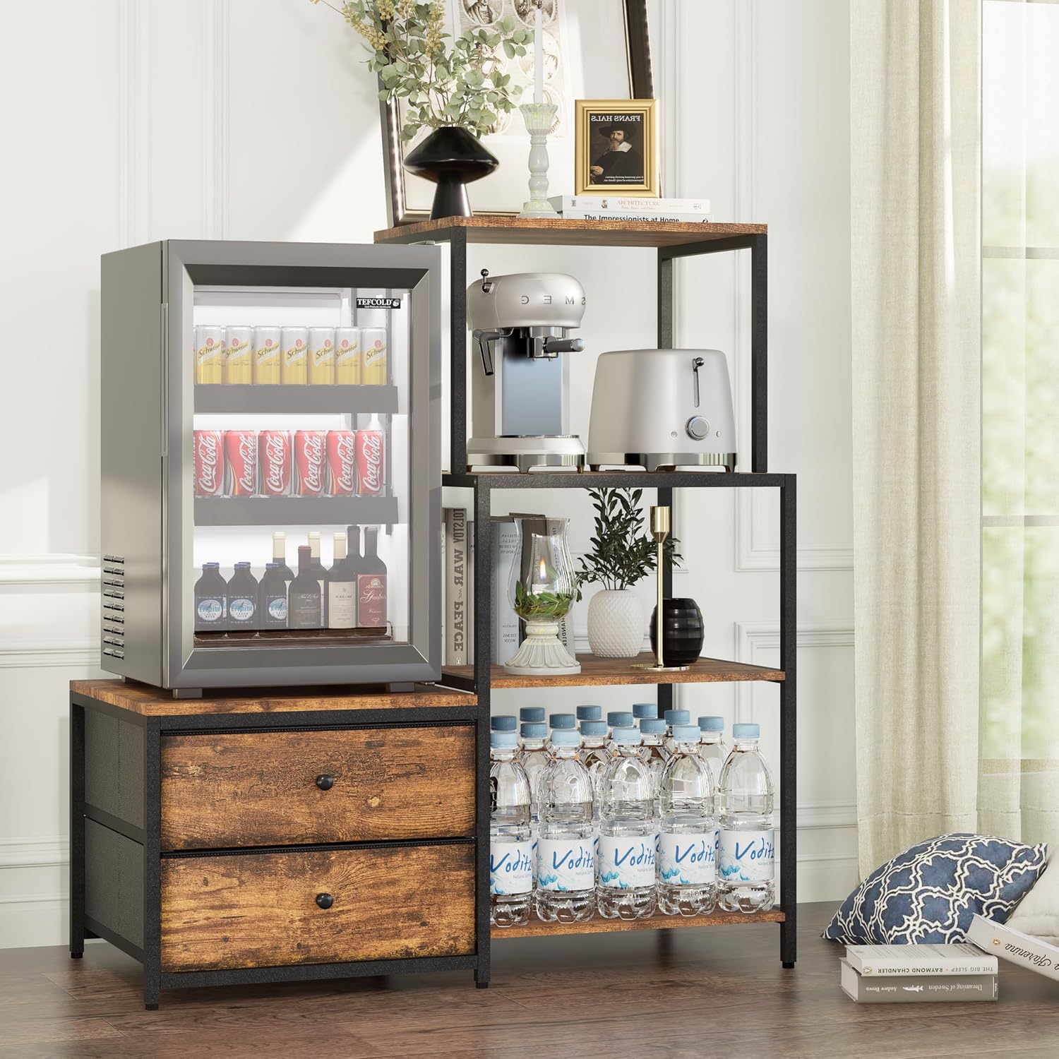 Mini Fridge Stand with Storage, Microwave and Mini Fridge Stand with Power Outlet, Coffee Bar, Kitchen Baker, for Dorm, Office(Brown)