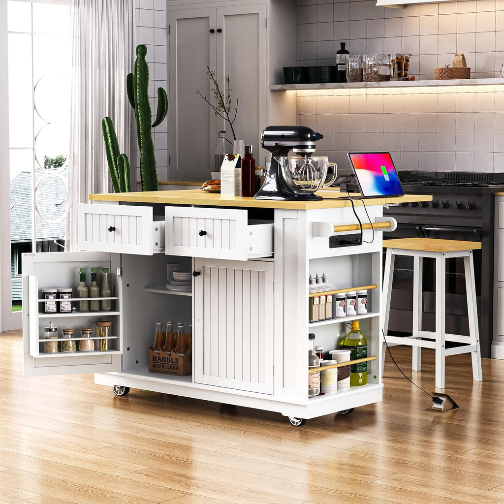 48 inch Rolling Kitchen Island Storage Cart on 5 Wheels with Drop Leaf, 2 Bar Stools, Power Outlet, Door Internal Storage Rack, 5 Open Side Racks, 2 Drawers for Dining Room, Home Bar White