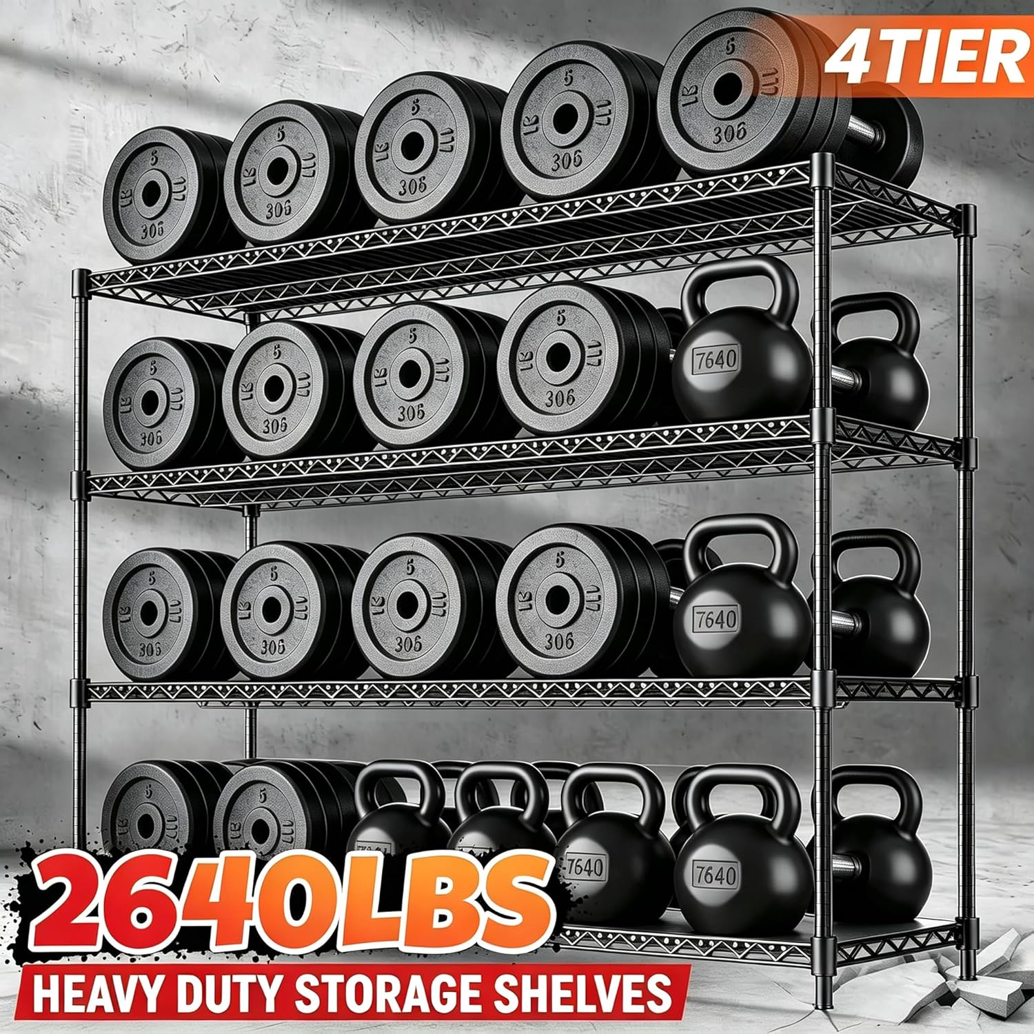 60' W Storage Shelves 2640 LBS Heavy Duty Garage Shelving, Adjustable Wire Shelving Metal Shelving with Liners, Fits 27-Gallon Totes, 60' W x 18' D x 68.4' H for Commercial Warehouse, Black