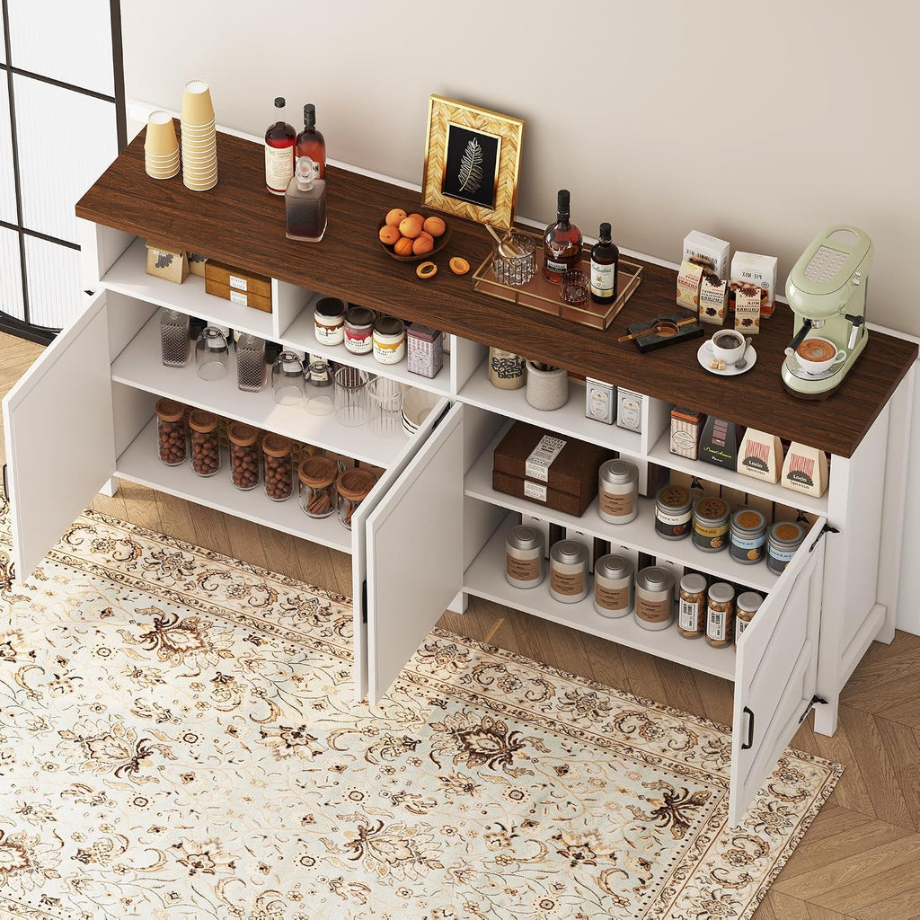 knoworld 63'' Buffet Sideboard with Storage Farmhouse with 4 Doors, Large Kitchen Storage Cabinet Wood Coffee Bar Cabinet Buffet Table with Shelves for Kitchen, Dining Room, Entryway