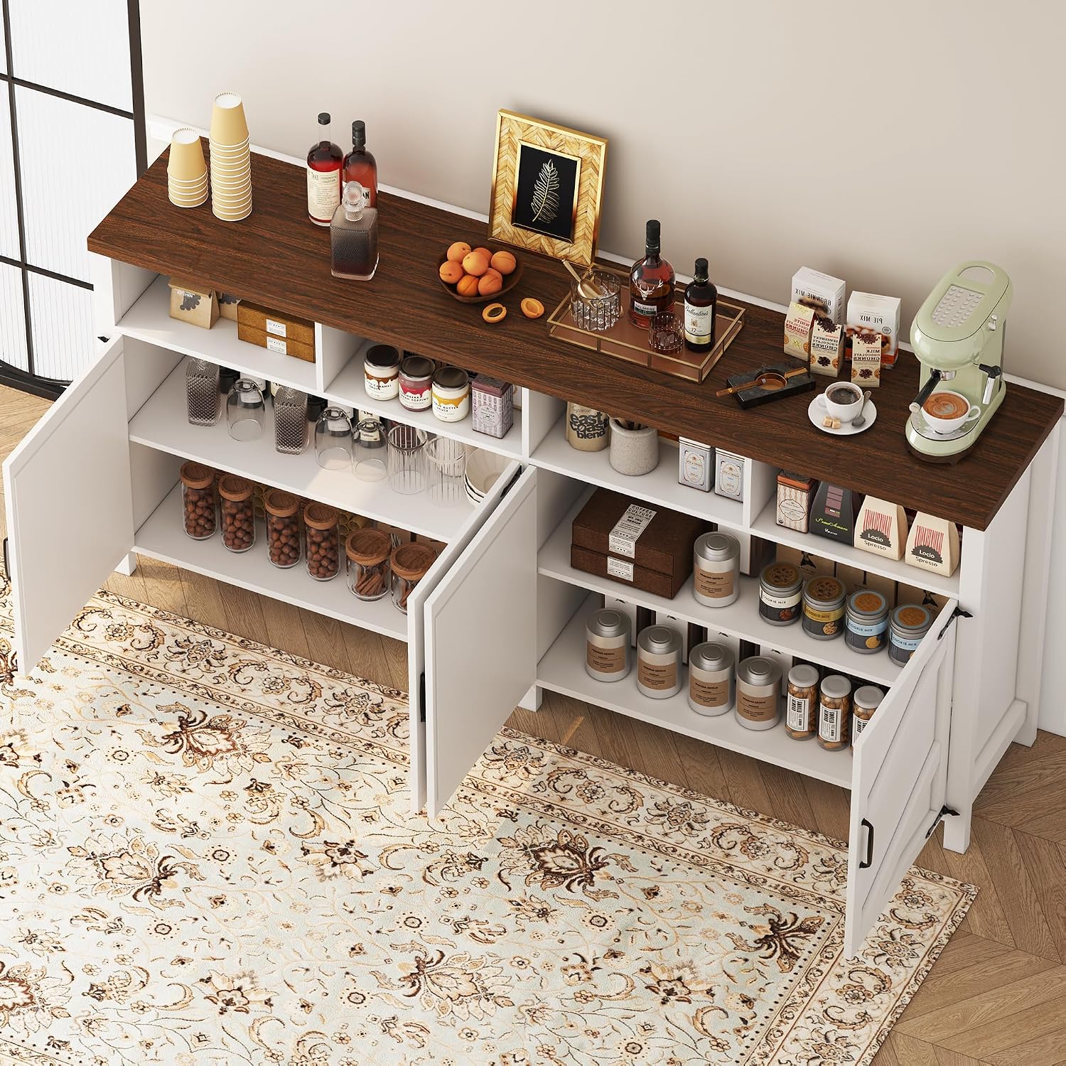 knoworld 63'' Buffet Sideboard with Storage Farmhouse with 4 Doors, Large Kitchen Storage Cabinet Wood Coffee Bar Cabinet Buffet Table with Shelves for Kitchen, Dining Room, Entryway