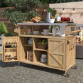 Outdoor Kitchen Island Rolling Bar Cart & Storage Cabinet Farmhouse Solid Wood Outdoor Grill Table with Stainless Steel Top, Spice Rack, Towel Rack for Dining Room Kitchens Barbecue Natural