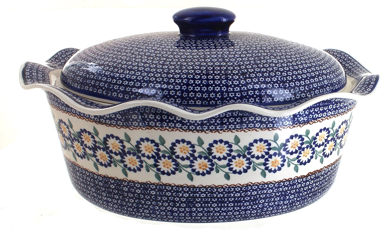 Blue Rose Polish Pottery - Yellow Peach Blossom Large Oval Baker with Lid - 3.75 QT - Unique, Dishwasher Safe, & Durable Bakeware