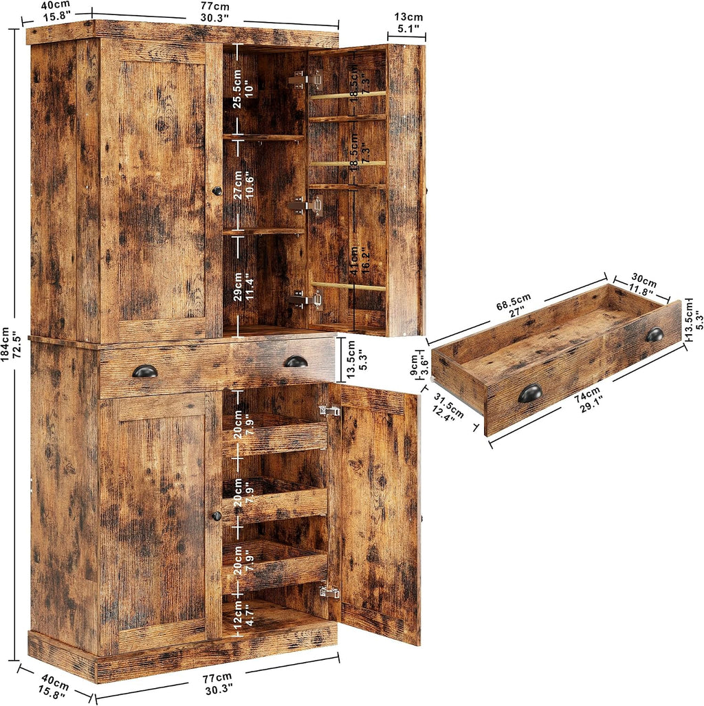 IRONCK Kitchen Pantry Cabinet 72' Height, Freestanding Cupboard with Drawer, Sliding Storage Rack, and 6 Hanging Shelves for Dining Room, Laundry, Living Room, Vintage Brown