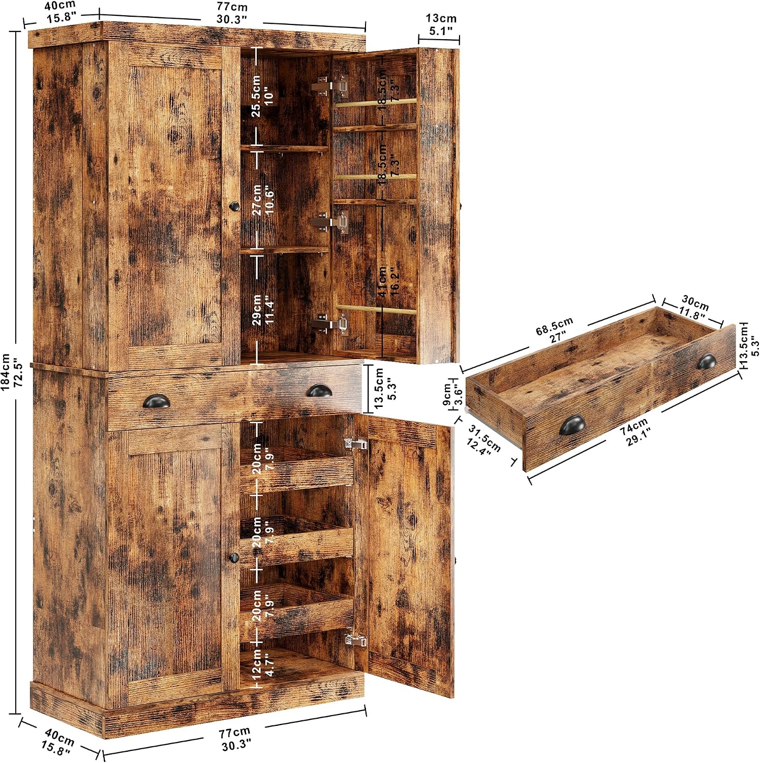 IRONCK Kitchen Pantry Cabinet 72' Height, Freestanding Cupboard with Drawer, Sliding Storage Rack, and 6 Hanging Shelves for Dining Room, Laundry, Living Room, Vintage Brown