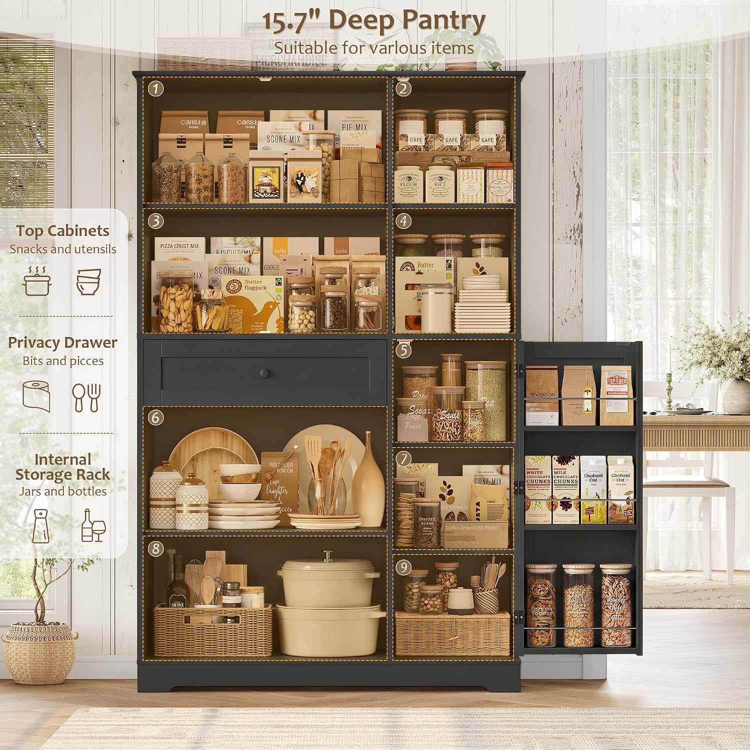 HOSTACK 68' Tall Kitchen Pantry Storage Cabinet, Modern Kitchen Hutch Cabinet with Doors and Shelves, Freestanding Food Pantry with Large Storage Drawer for Dining Room, Living Room, Black