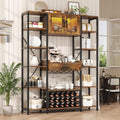 Nosepen 65.35 Inch Large Bakers Rack with Power Outlet and LED Light, 6-Tier Microwave Stand with Doors, Open Countertop and Storage Shelves, Farmhouse Coffee Bar Cabinet Station with Wine Rack, Brown