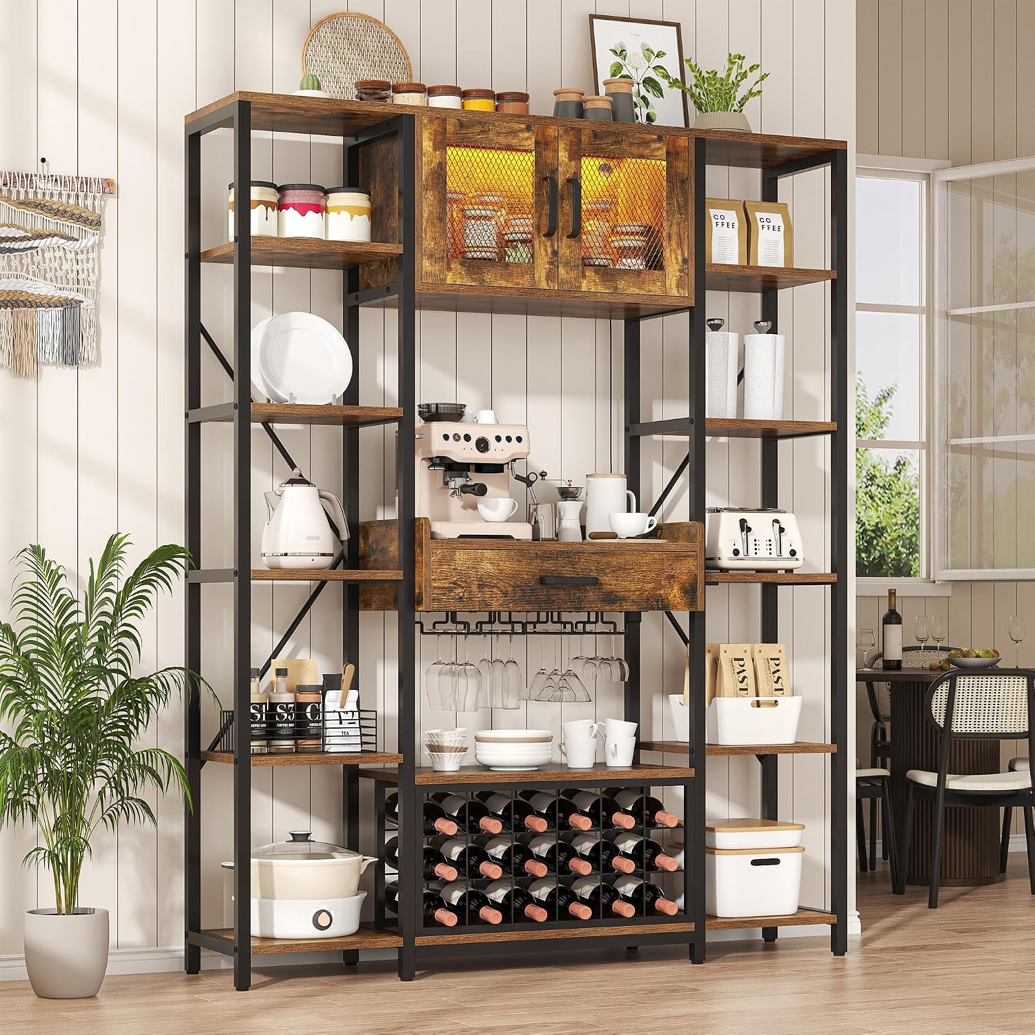 Nosepen 65.35 Inch Large Bakers Rack with Power Outlet and LED Light, 6-Tier Microwave Stand with Doors, Open Countertop and Storage Shelves, Farmhouse Coffee Bar Cabinet Station with Wine Rack, Brown