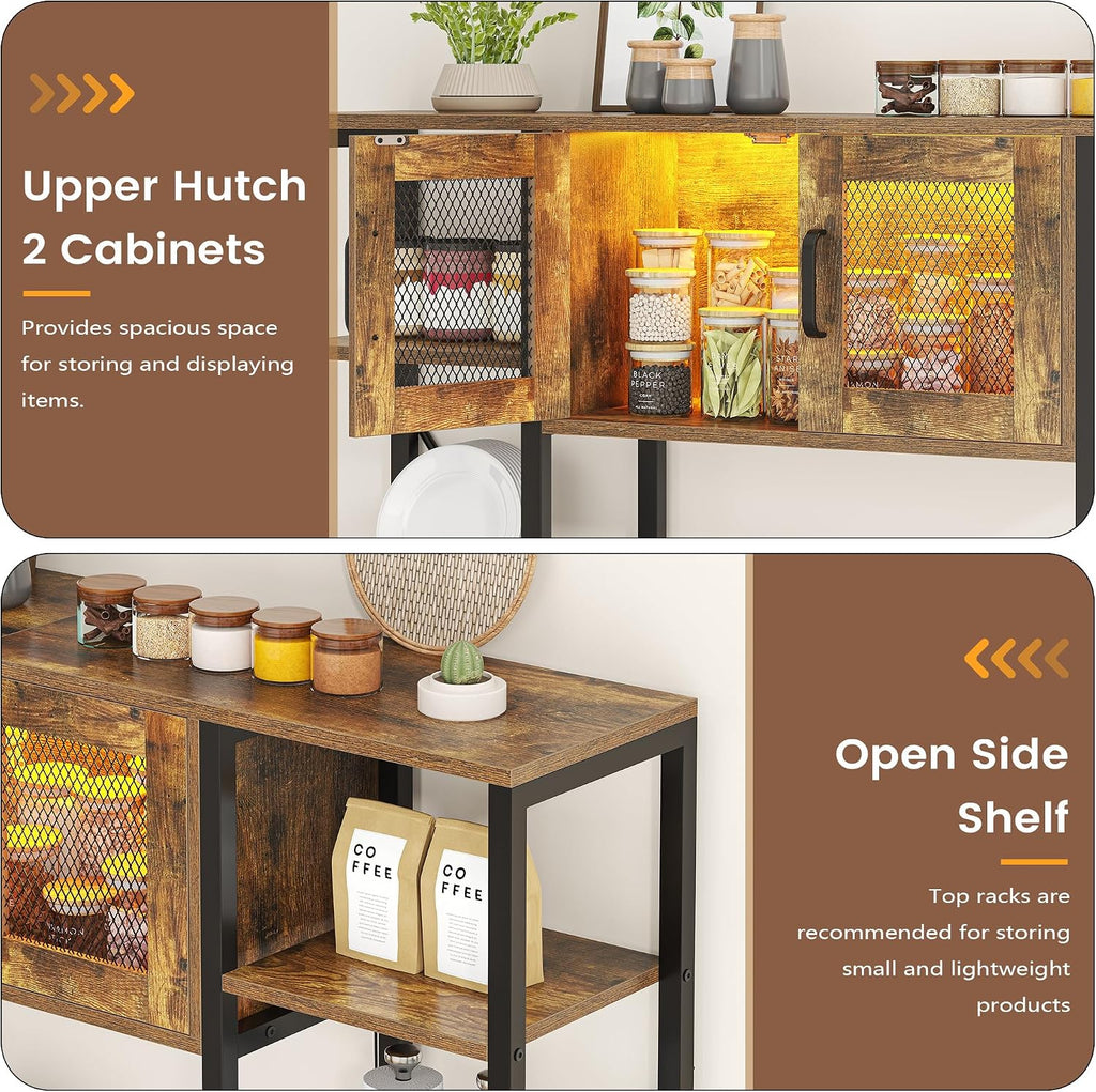 Nosepen 65.35 Inch Large Bakers Rack with Power Outlet and LED Light, 6-Tier Microwave Stand with Doors, Open Countertop and Storage Shelves, Farmhouse Coffee Bar Cabinet Station with Wine Rack, Brown