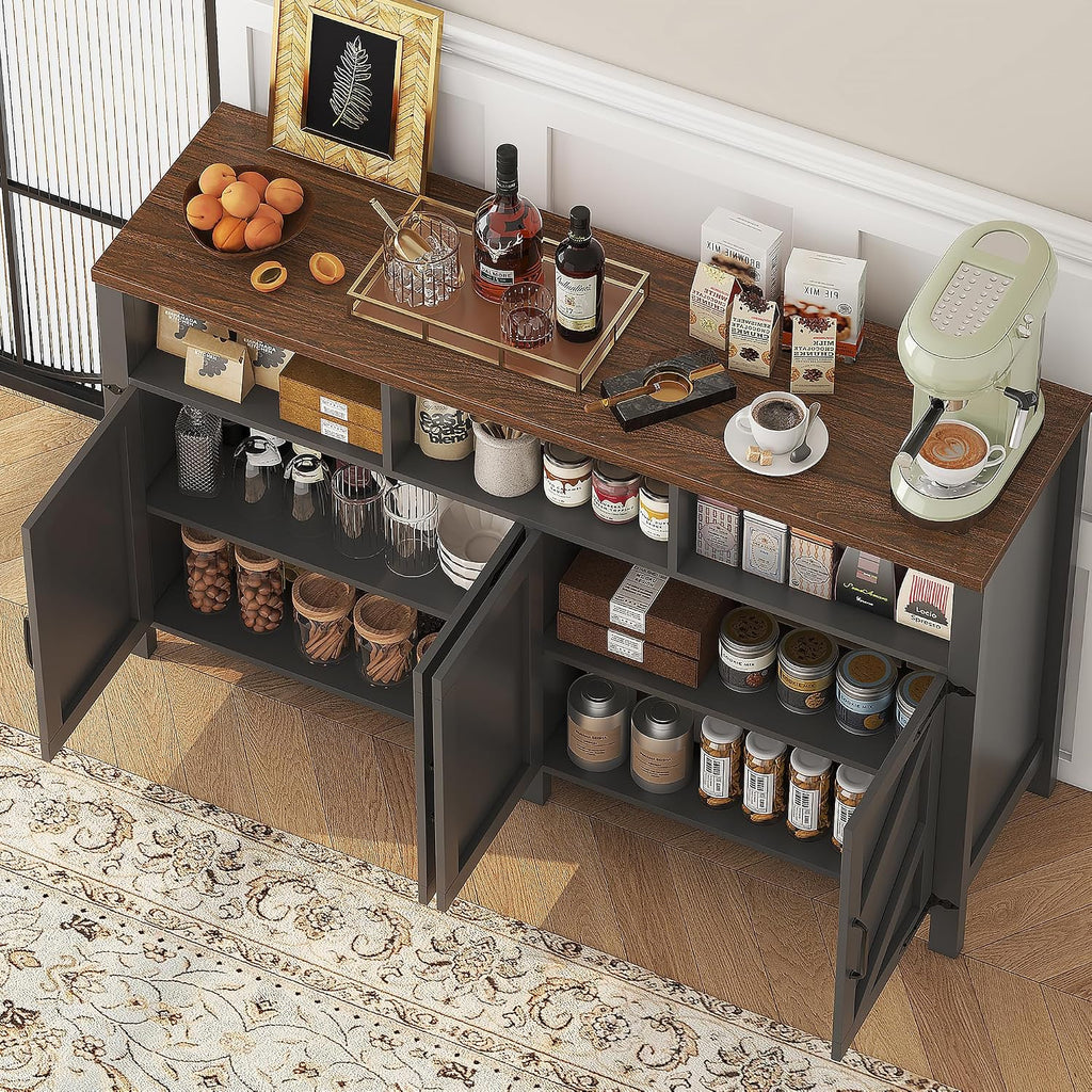 knoworld Buffet Sideboard with Storage Farmhouse with 4 Doors, 55'' Large Kitchen Storage Cabinet Wood Coffee Bar Cabinet Buffet Table with Shelves for Kitchen, Dining Room, Entryway (Black, 55 in)