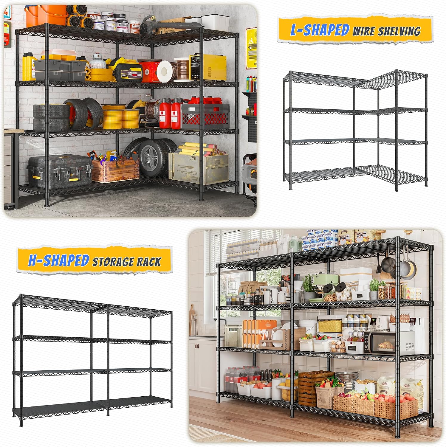 REIBII 72.8' W Storage Shelves Load 1500LBS, 4 Tier Metal Shelving Unit Wire Shelving for Storage Rack Heavy Duty Metal Shelves for Garage Pantry Kitchen, 17.7' D x 72.8' W x 59' H