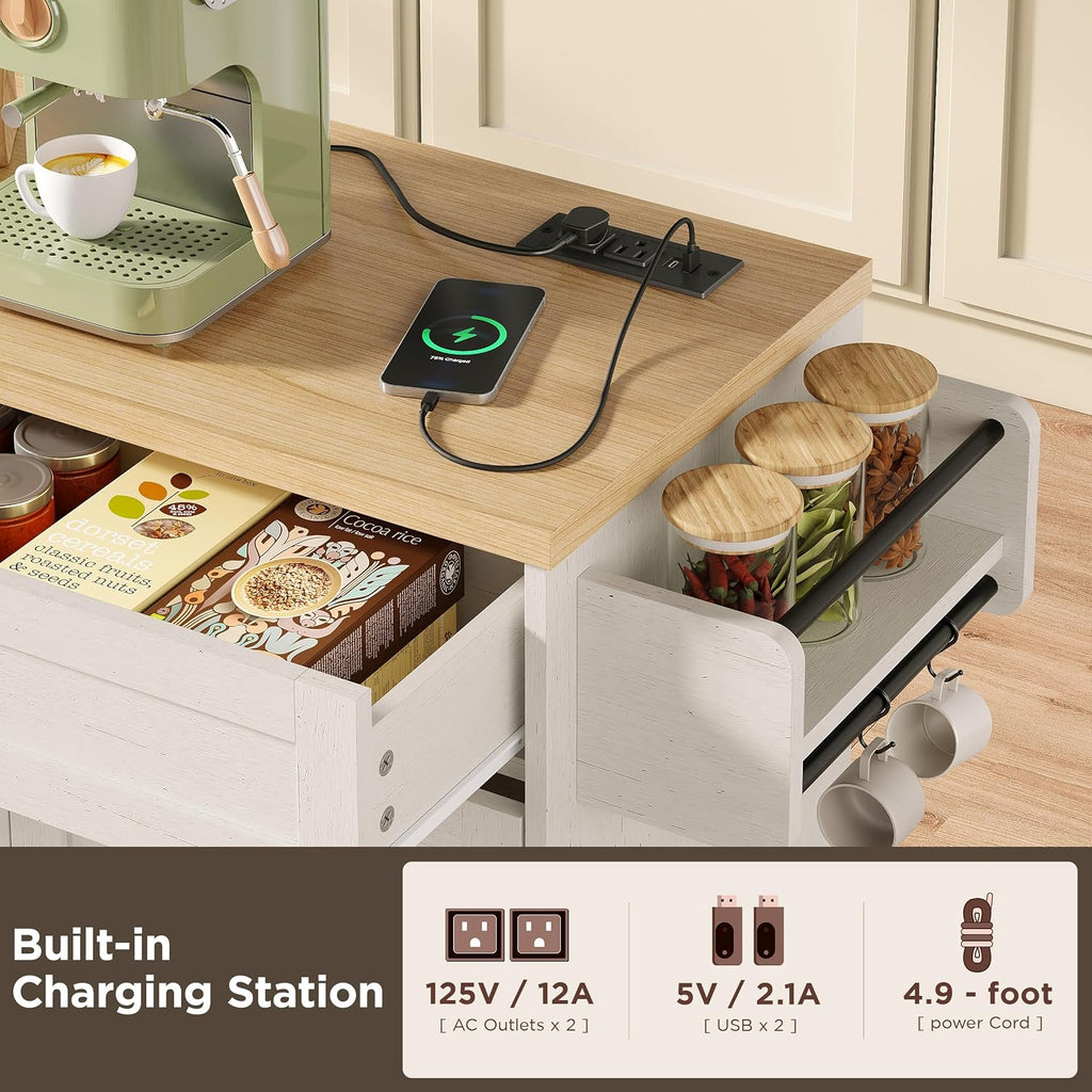 Halitaa Kitchen Island with Tilt Out Trash Can Cabinet and Power Outlet, Kitchen Rolling Island with Spice Rack, Towel Rack and 2 Drawers, Kitchen Island Cart, White