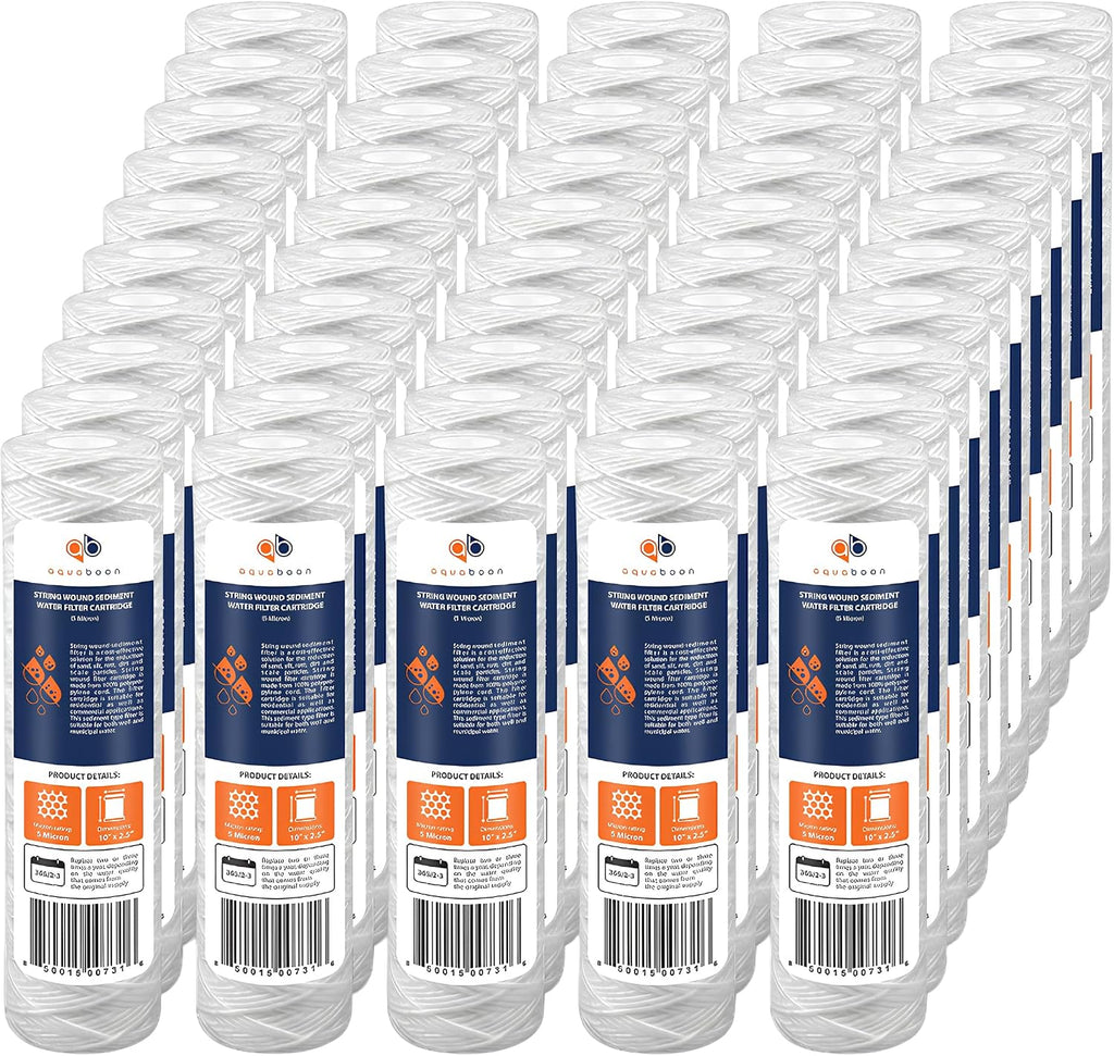 Aquaboon Whole House 5 Micron 10 x 2.5 String Wound Sediment Water Filter Cartridge Replacement Compatible with Well Water Filter WHKF-WHSW, 50-Pack