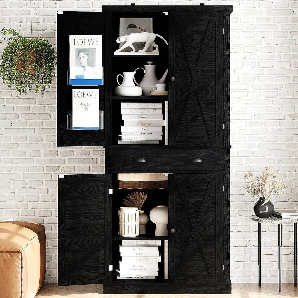 IRONCK Kitchen Pantry Storage Cabinet 72.6' H, with Barn Doors, Drawer, 4 Adjustable Shelves, Freestanding Cupboard for Dining Room Living Room, Laundry, Black